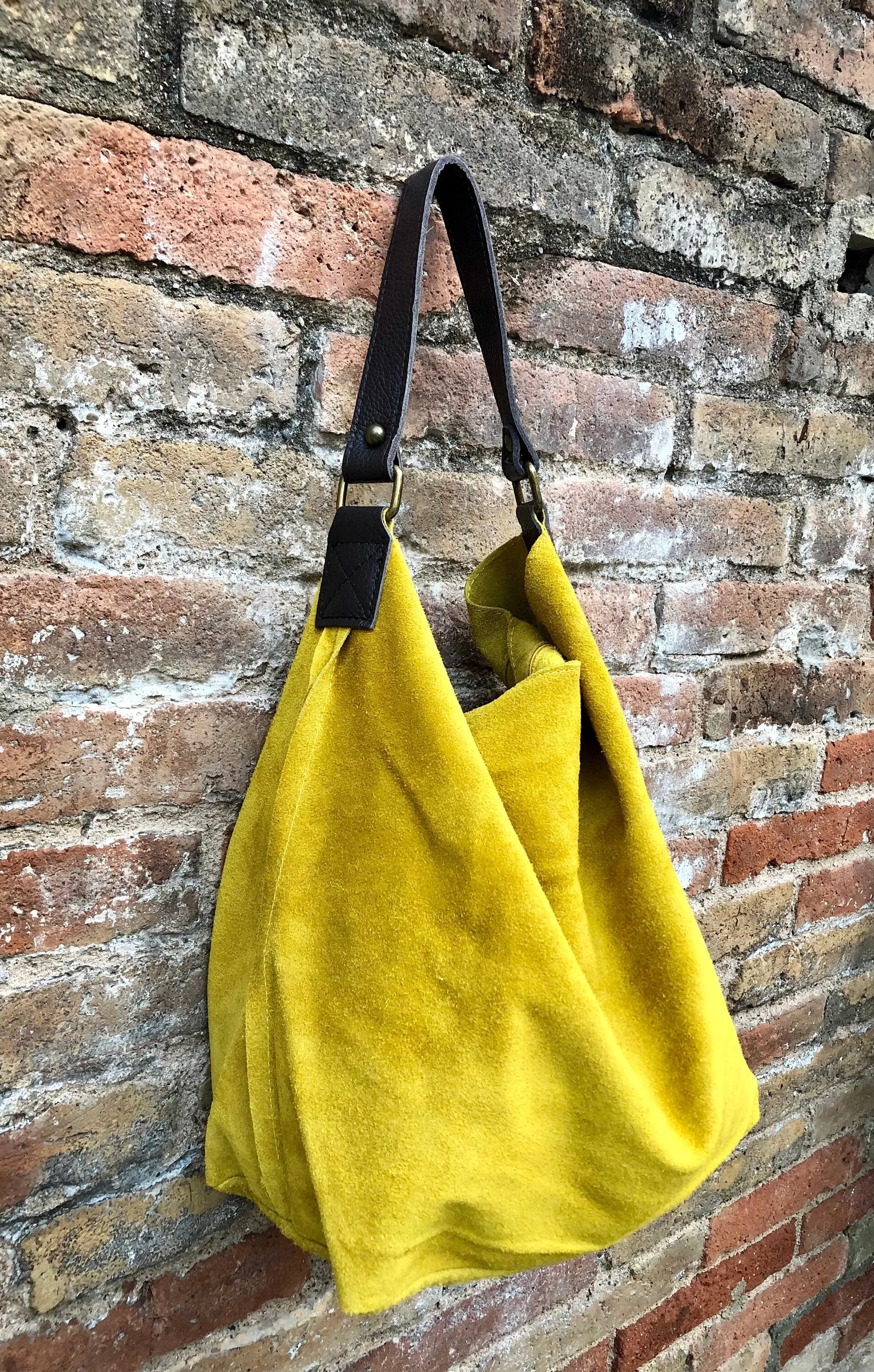 Slouch leather bag in YELLOW. Soft hobo bag. Suede boho bag. Book or tablet bags in genuine suede leather. Yellow and brown leather shopper