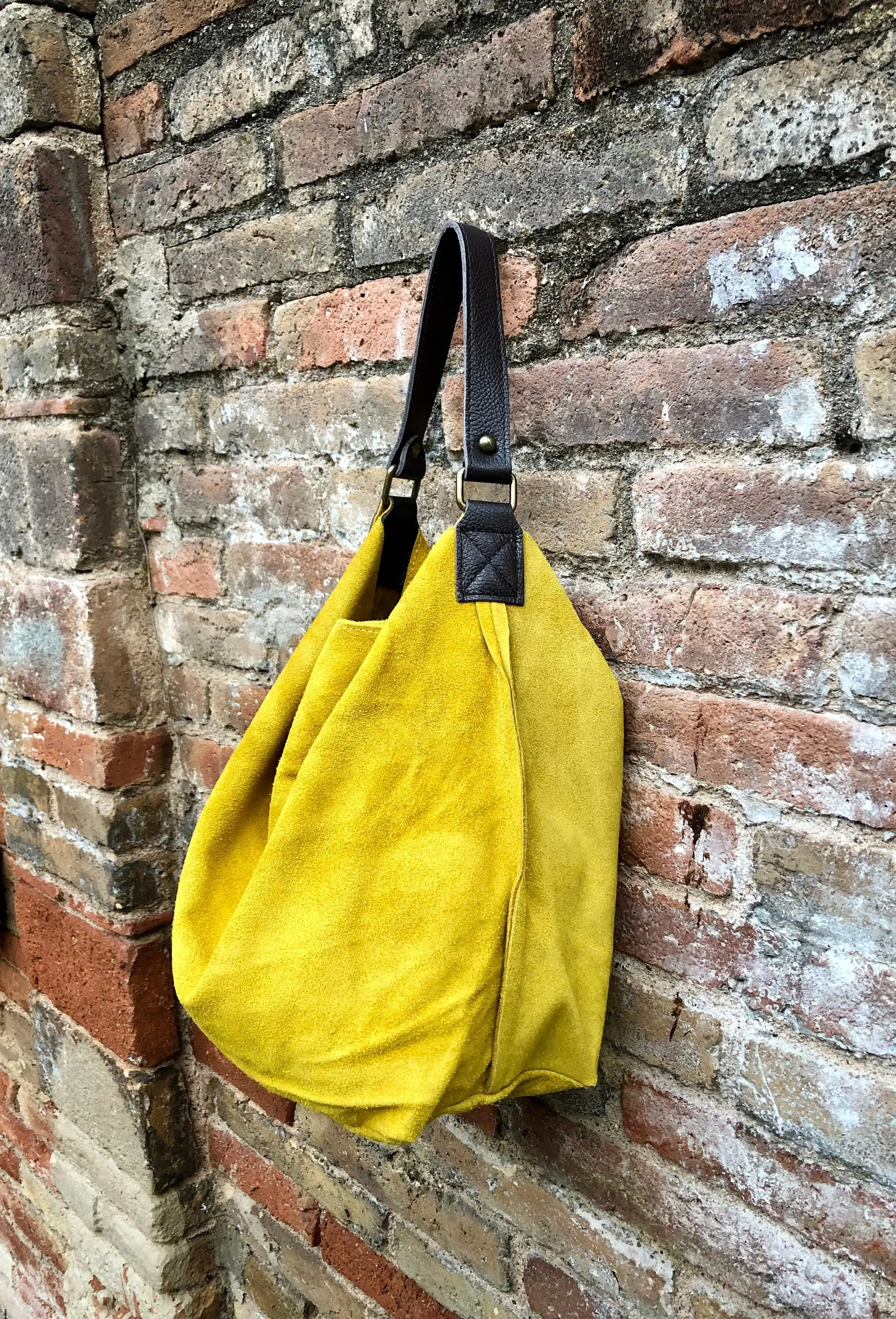 Slouch leather bag in YELLOW. Soft hobo bag. Suede boho bag. Book or tablet bags in genuine suede leather. Yellow and brown leather shopper
