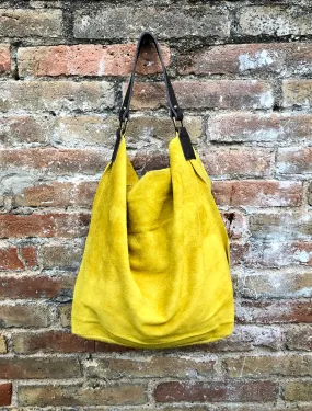 Slouch leather bag in YELLOW. Soft hobo bag. Suede boho bag. Book or tablet bags in genuine suede leather. Yellow and brown leather shopper