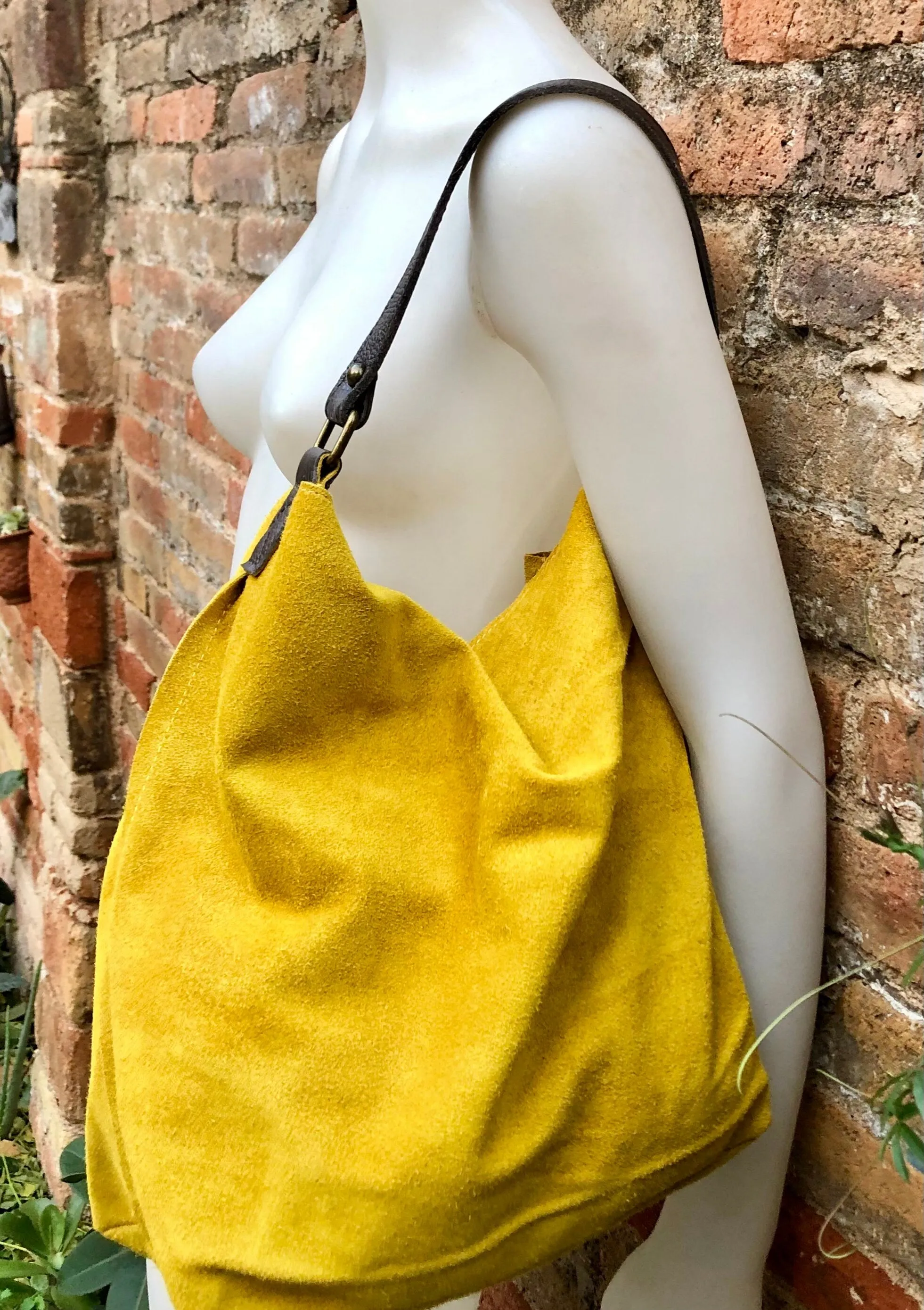 Slouch leather bag in YELLOW. Soft hobo bag. Suede boho bag. Book or tablet bags in genuine suede leather. Yellow and brown leather shopper