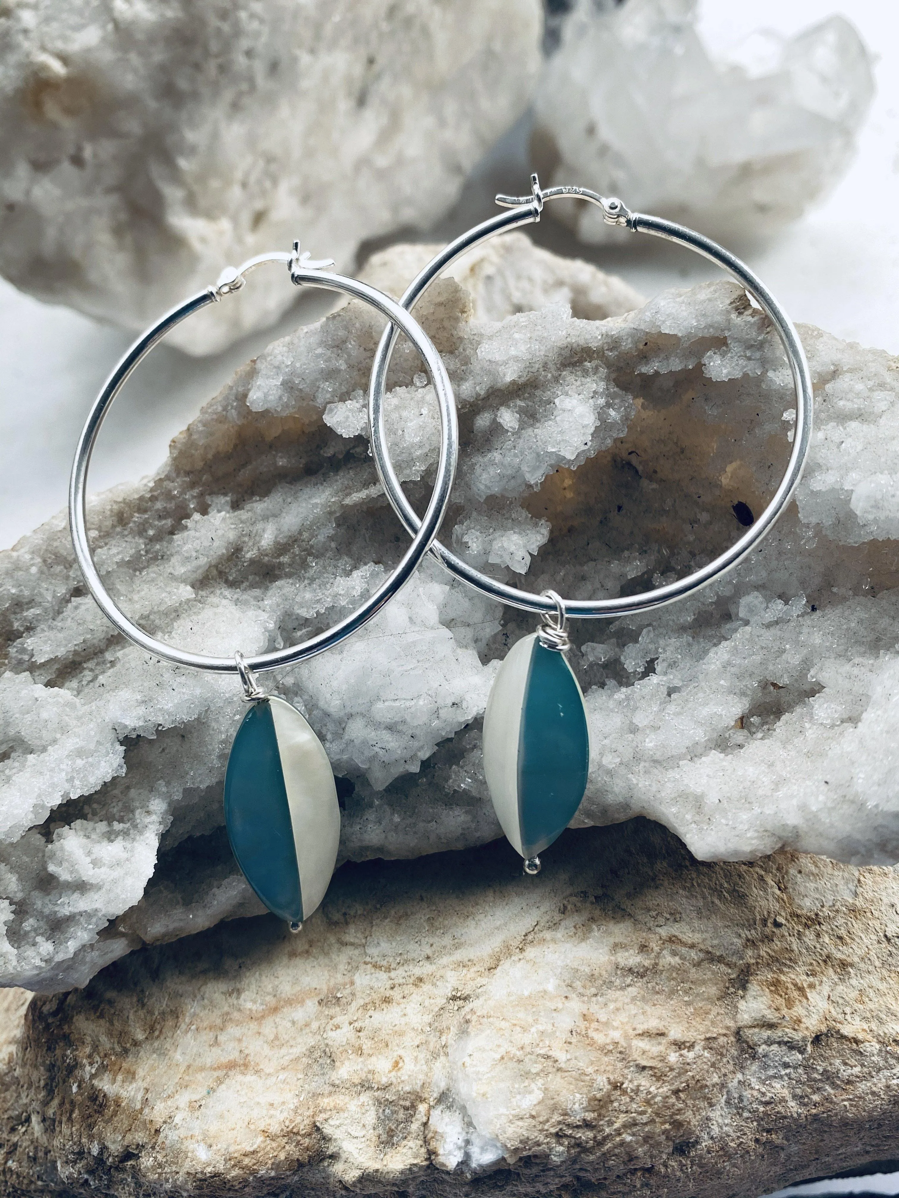 Sterling Silver Hoops with Mother of Pearl (blue and White)