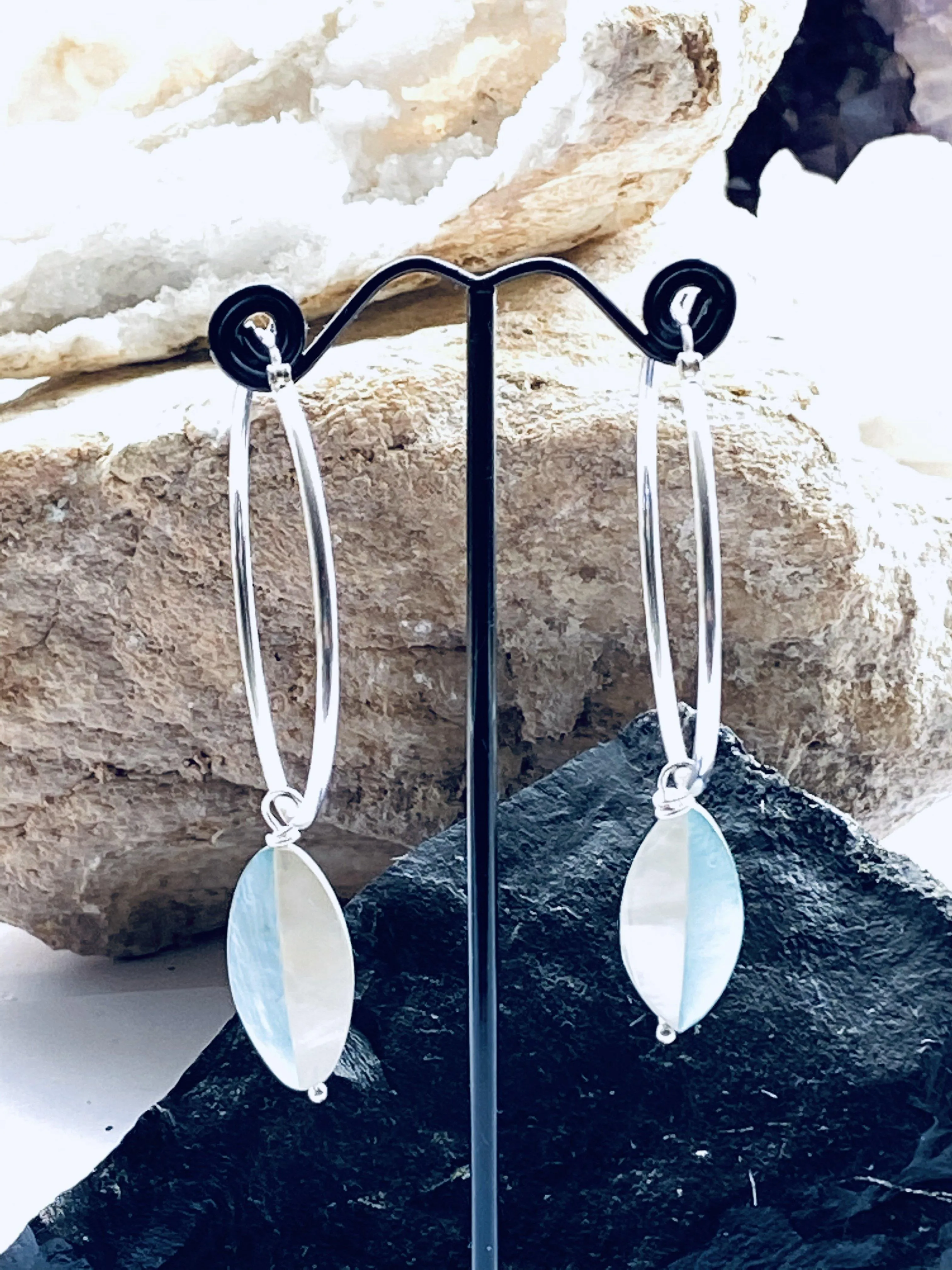 Sterling Silver Hoops with Mother of Pearl (blue and White)