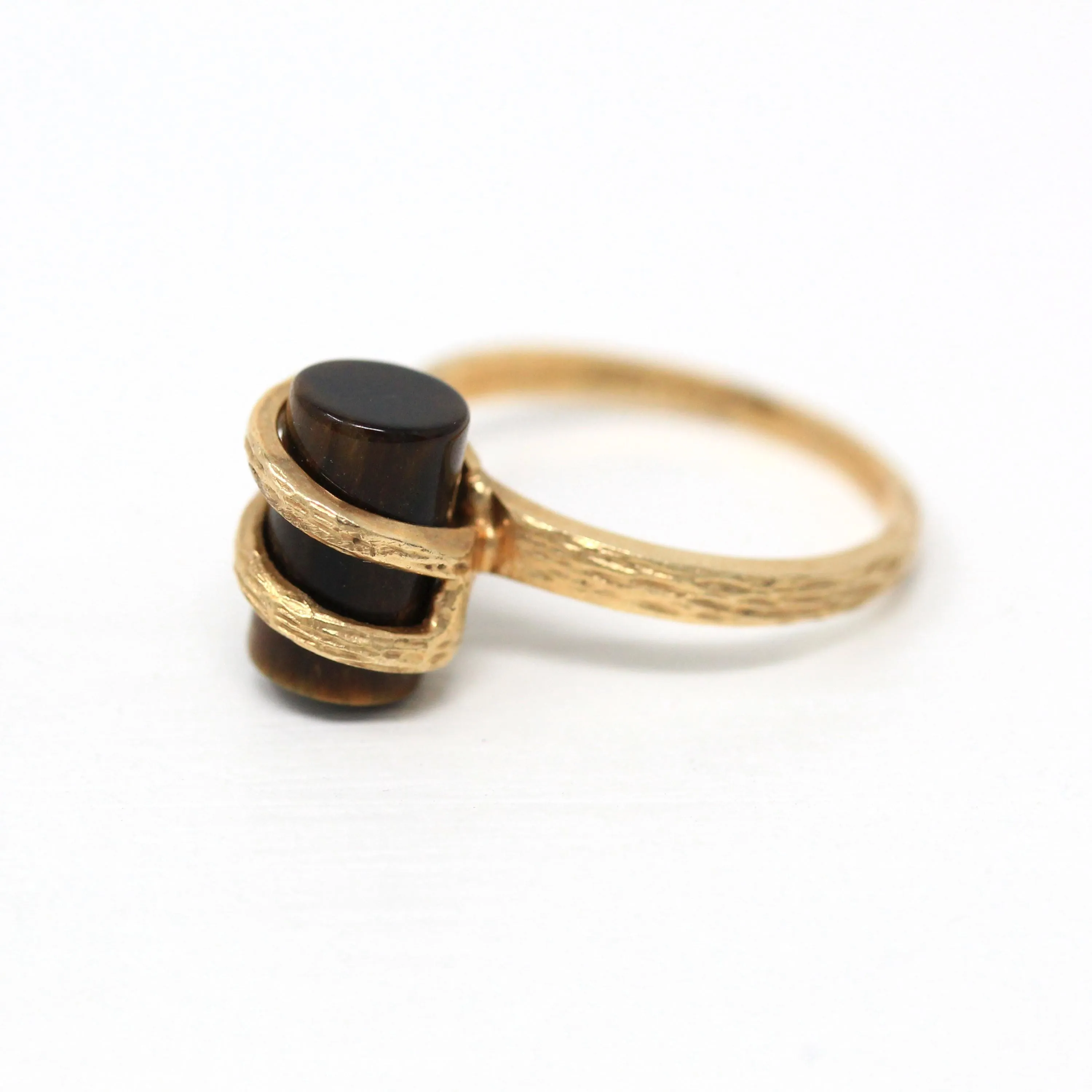 Tiger's Eye Ring - Retro 10k Yellow Gold Brown Gemstone Statement - Vintage Circa 1970s New Old Stock Size 5 3/4 Fine Unique Jewelry