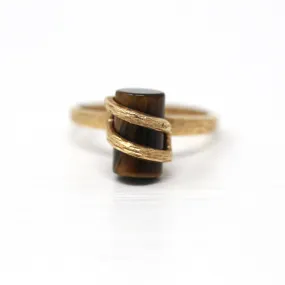 Tiger's Eye Ring - Retro 10k Yellow Gold Brown Gemstone Statement - Vintage Circa 1970s New Old Stock Size 5 3/4 Fine Unique Jewelry