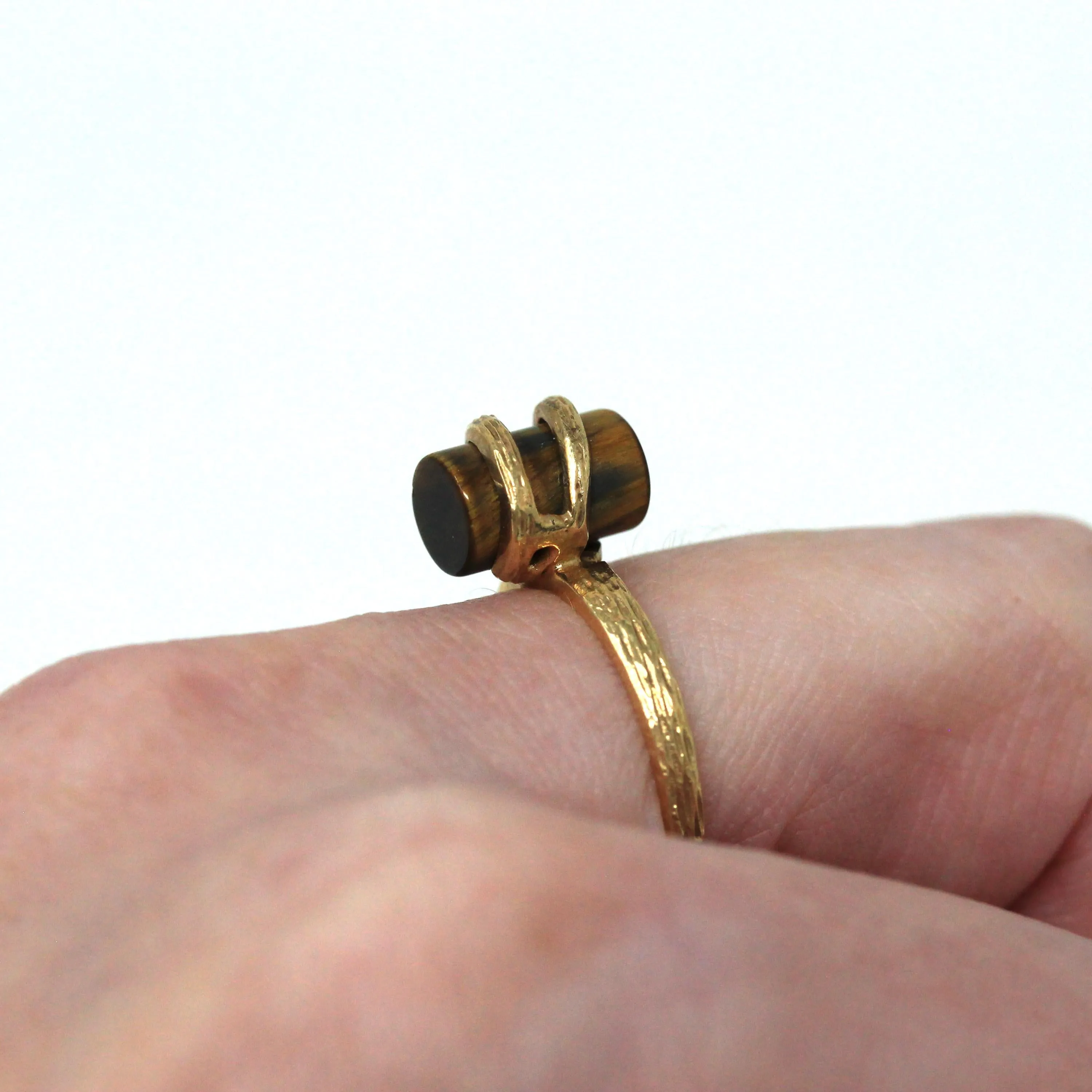 Tiger's Eye Ring - Retro 10k Yellow Gold Brown Gemstone Statement - Vintage Circa 1970s New Old Stock Size 5 3/4 Fine Unique Jewelry
