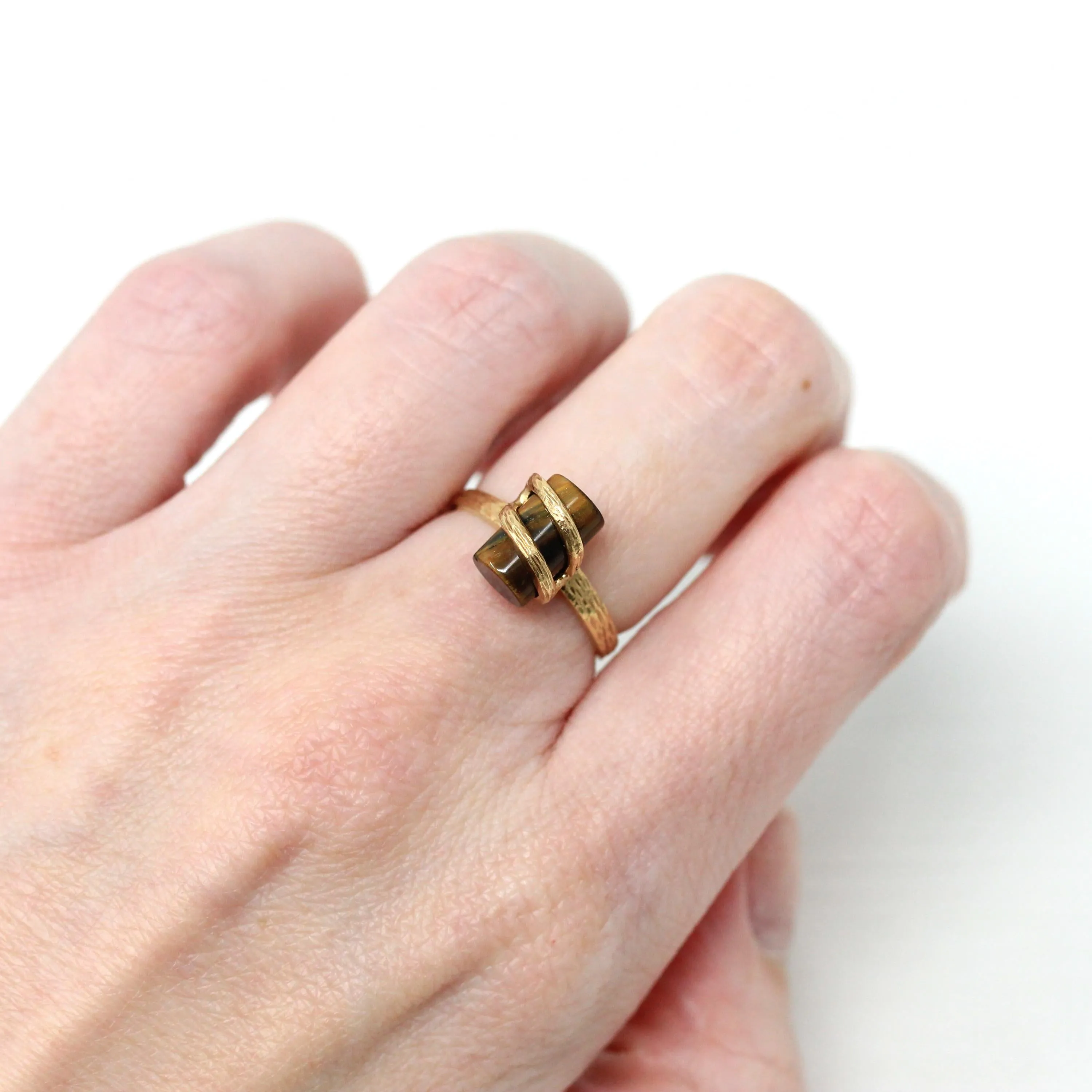 Tiger's Eye Ring - Retro 10k Yellow Gold Brown Gemstone Statement - Vintage Circa 1970s New Old Stock Size 5 3/4 Fine Unique Jewelry