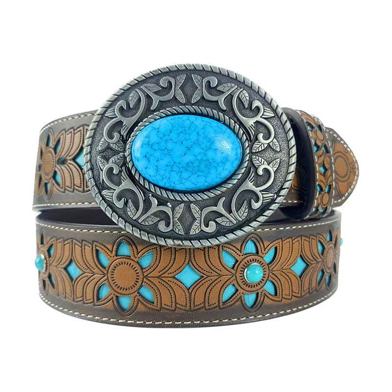 TOPACC Western Turquoise Belts - Oval turquoise buckle#1 Copper/Bronze