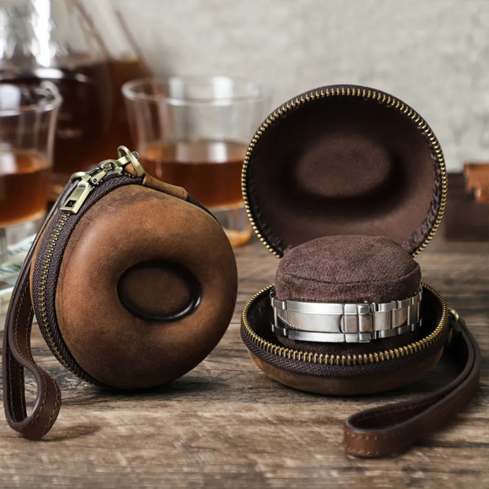 Travel Watch Case, Single Watch Box Cushioned Round and Portable,Cowhide