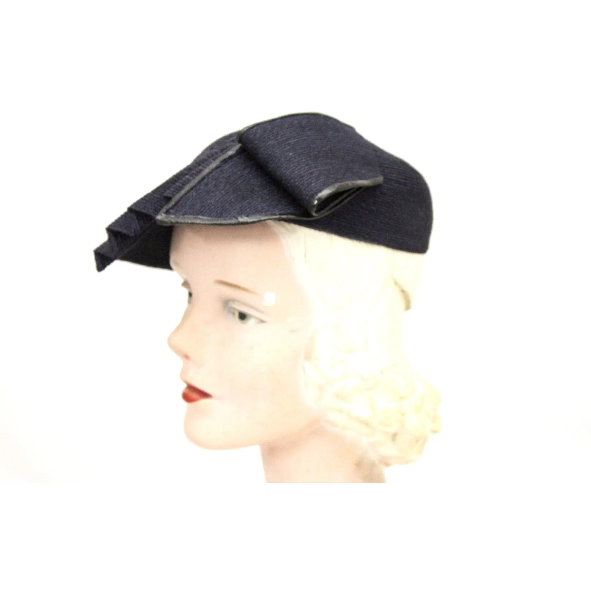 Vintage 1930s Straw Hat Asymmetrical Fan Fascinator Navy Blue Hand Blocked 22 Womens