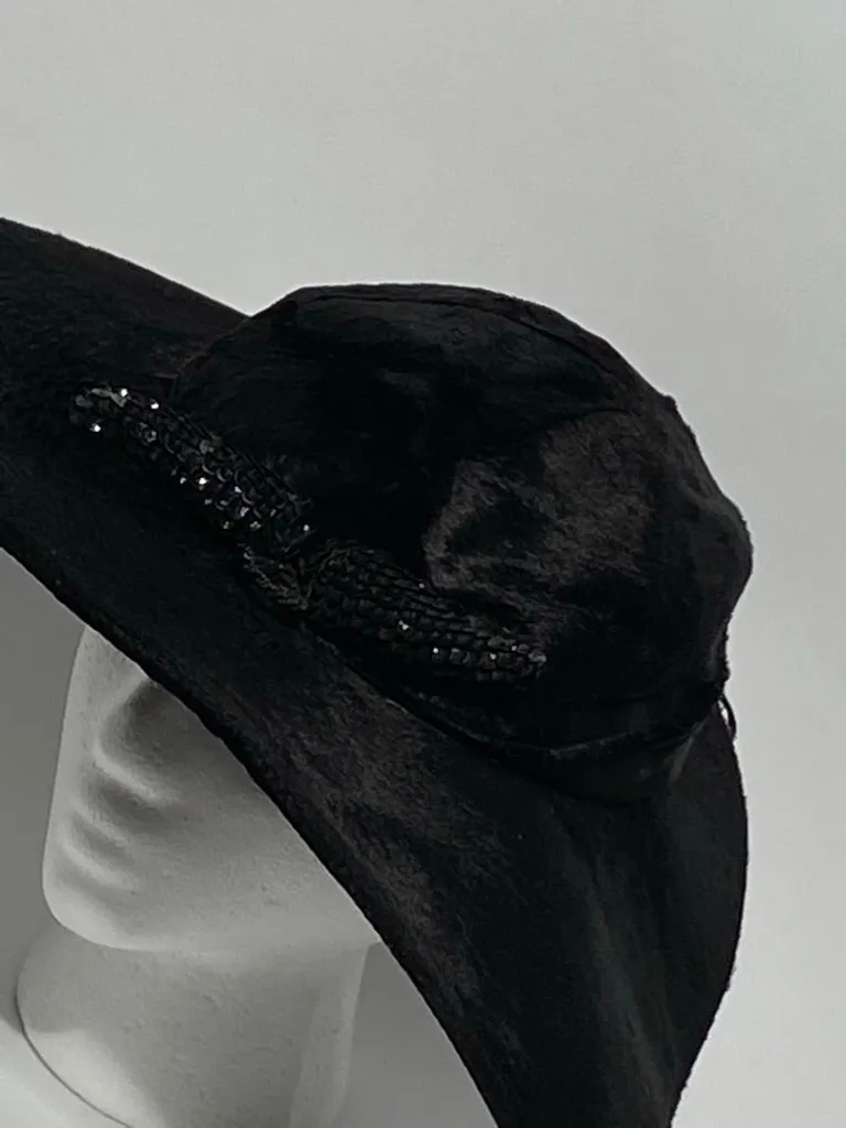 Vintage 1940s Black Fur Felt Abstract Hat Sequin Pine Cone By Doree