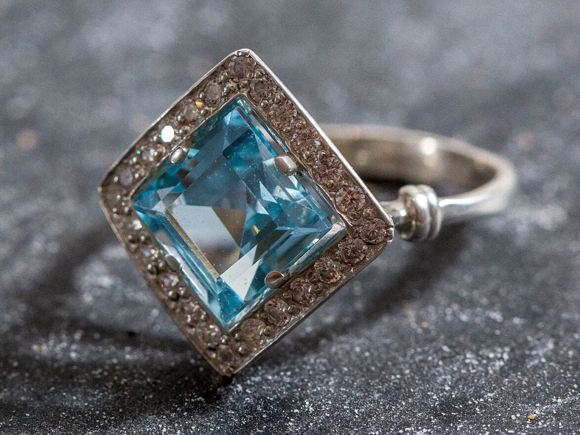 Vintage Blue Topaz Ring - Blue Gemstone Square Ring - December Birthstone Ring