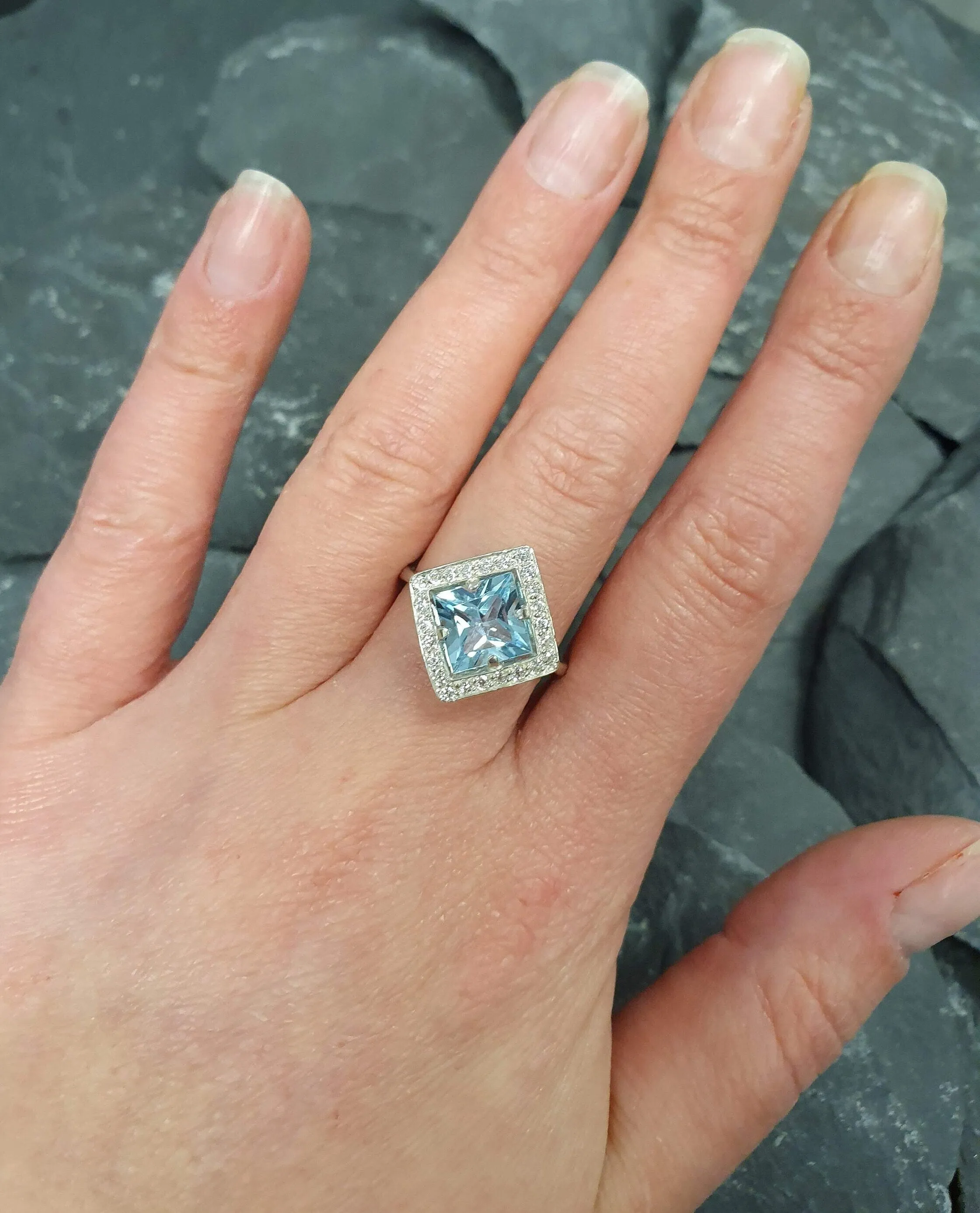 Vintage Blue Topaz Ring - Blue Gemstone Square Ring - December Birthstone Ring