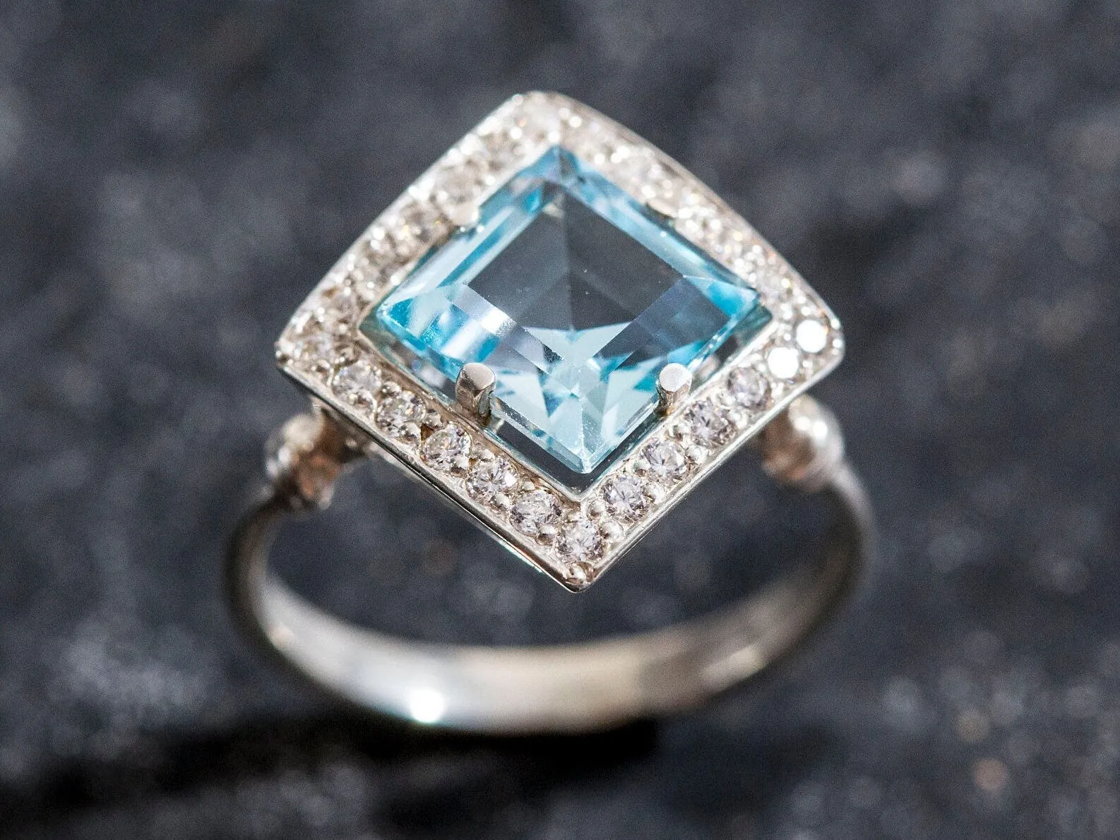 Vintage Blue Topaz Ring - Blue Gemstone Square Ring - December Birthstone Ring