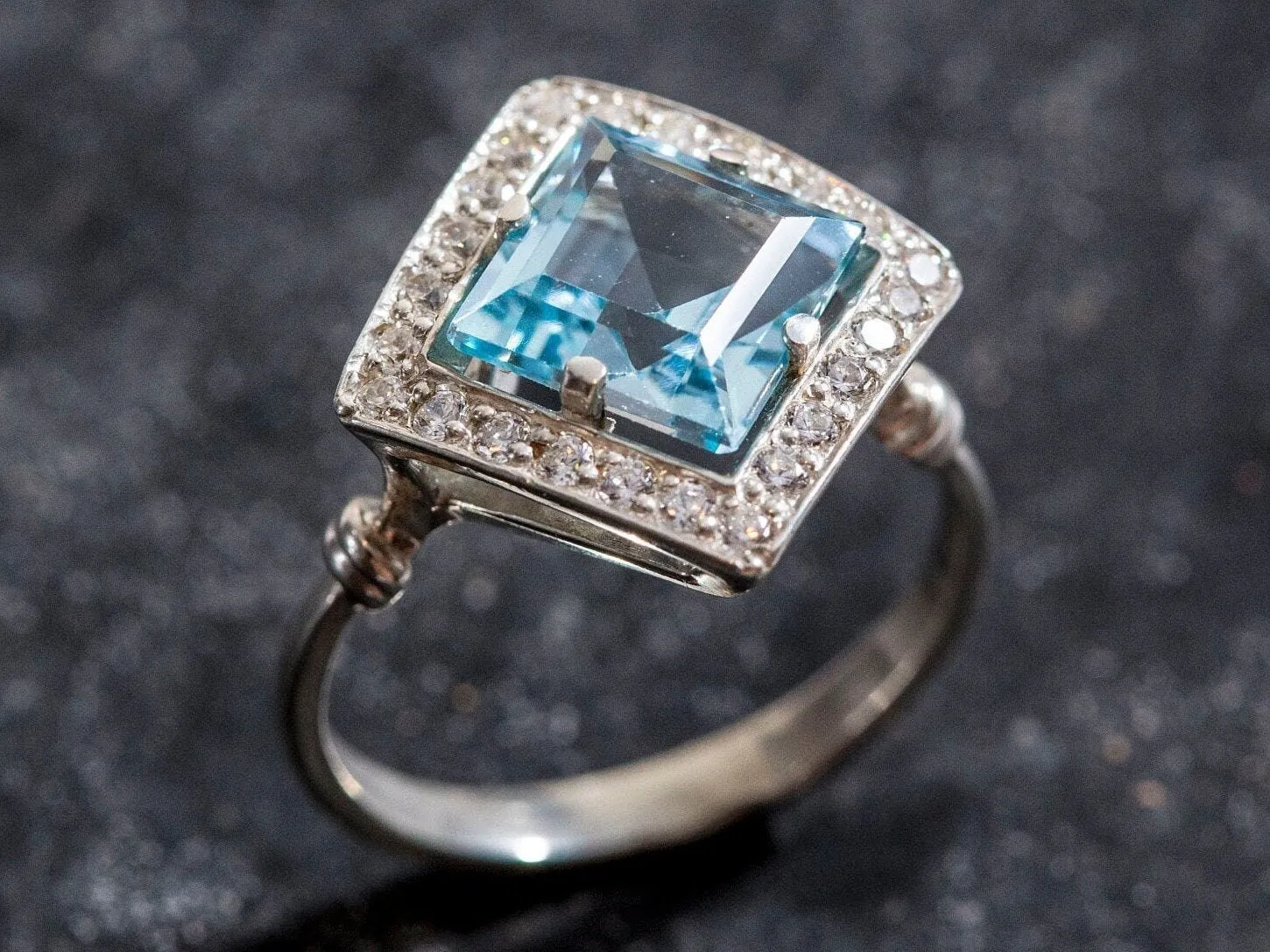 Vintage Blue Topaz Ring - Blue Gemstone Square Ring - December Birthstone Ring