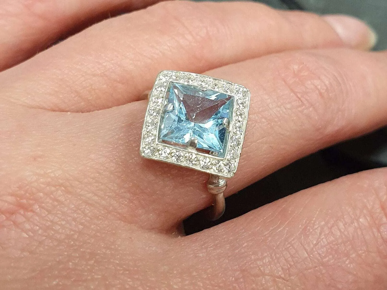 Vintage Blue Topaz Ring - Blue Gemstone Square Ring - December Birthstone Ring