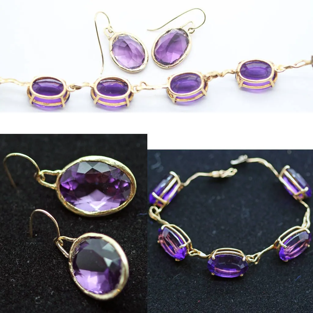 Vintage Earrings Bracelet Set Amethyst 14k Gold Custom Made 1950-80's  (6211)