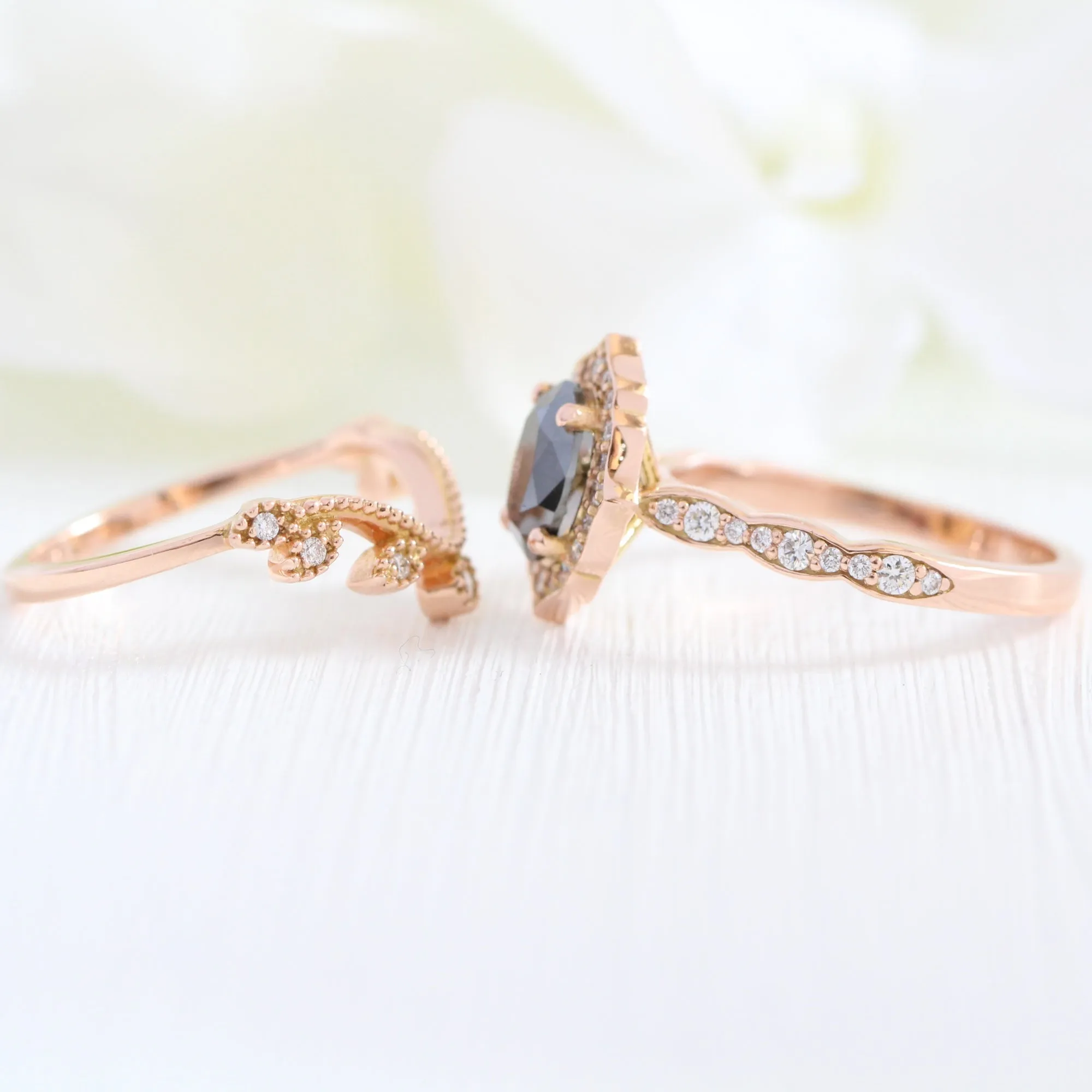 Vintage Floral Black Diamond Ring Set w/ Oval Diamond and Curved Leaf Band