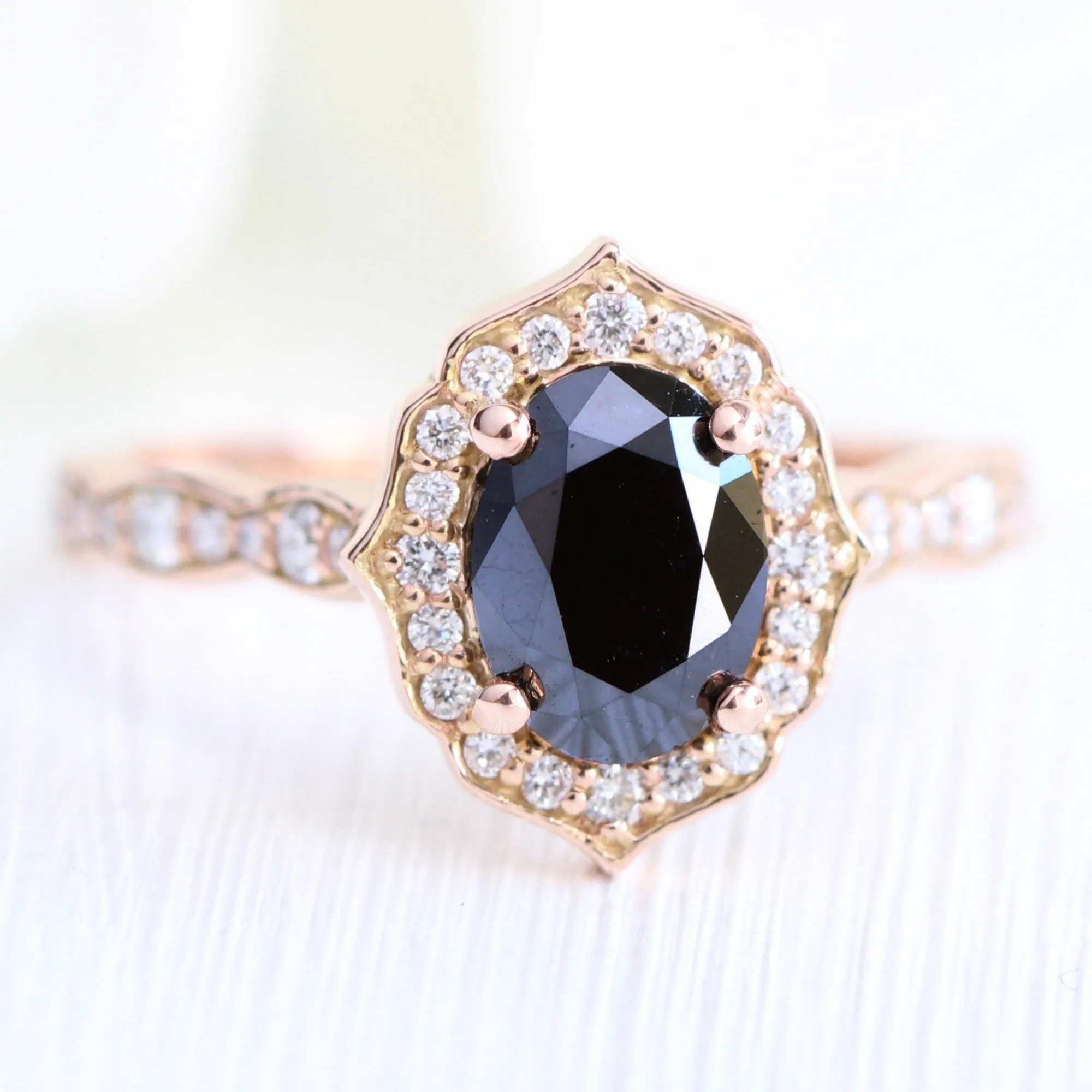 Vintage Floral Black Diamond Ring Set w/ Oval Diamond and Curved Leaf Band