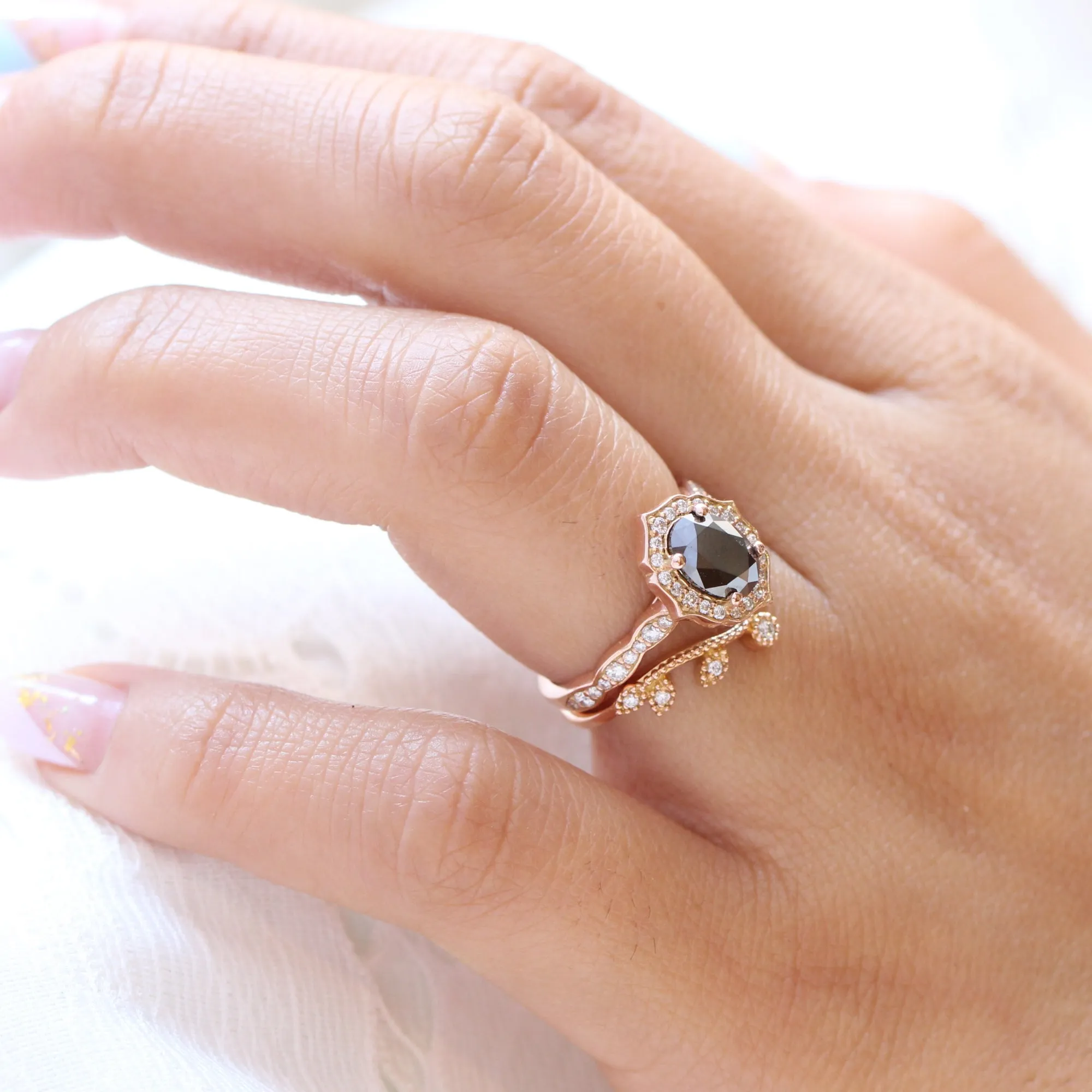 Vintage Floral Black Diamond Ring Set w/ Oval Diamond and Curved Leaf Band
