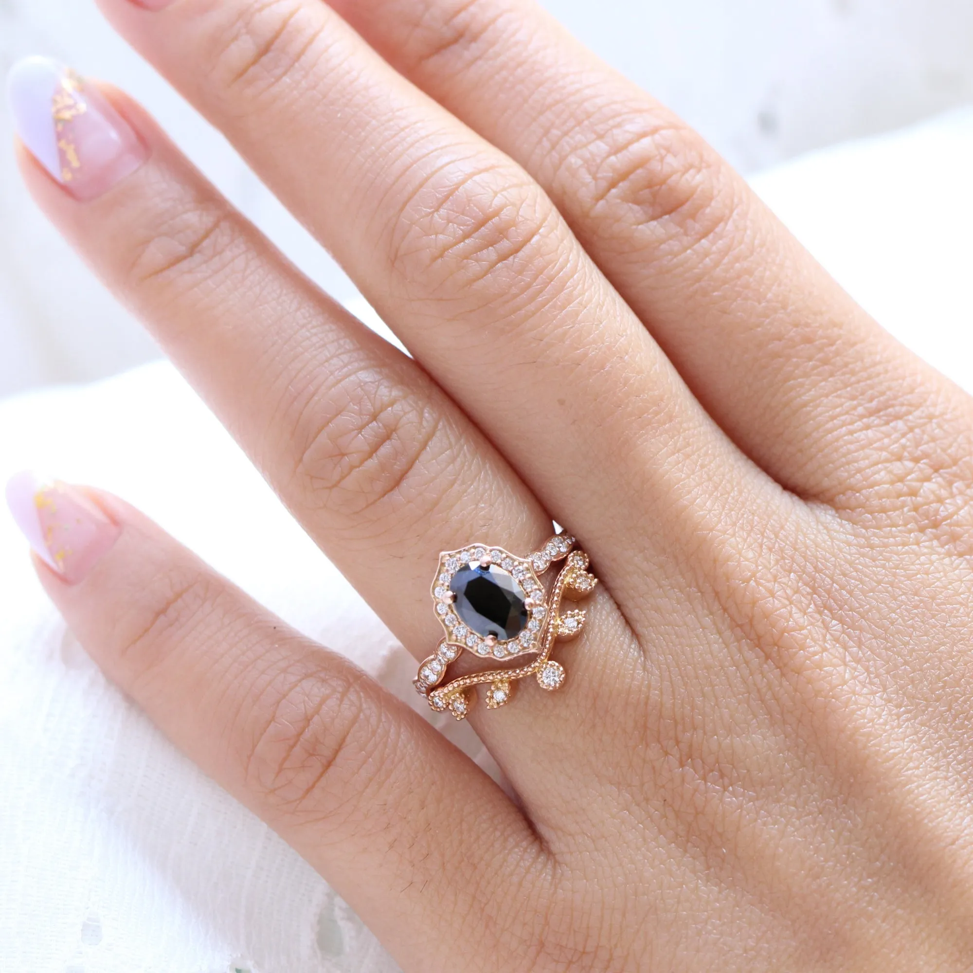 Vintage Floral Black Diamond Ring Set w/ Oval Diamond and Curved Leaf Band