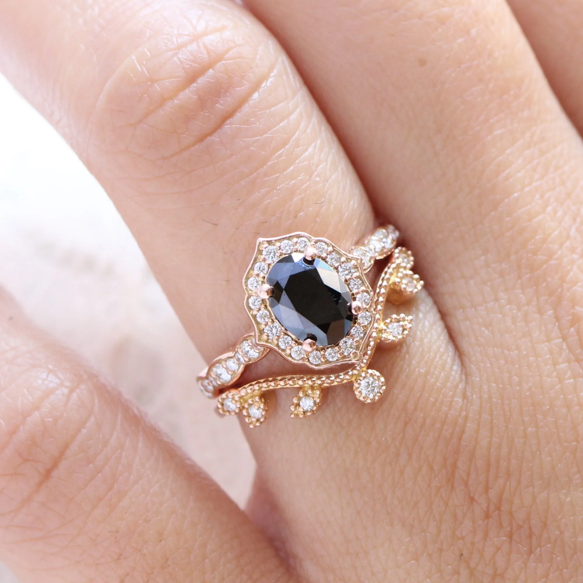 Vintage Floral Black Diamond Ring Set w/ Oval Diamond and Curved Leaf Band