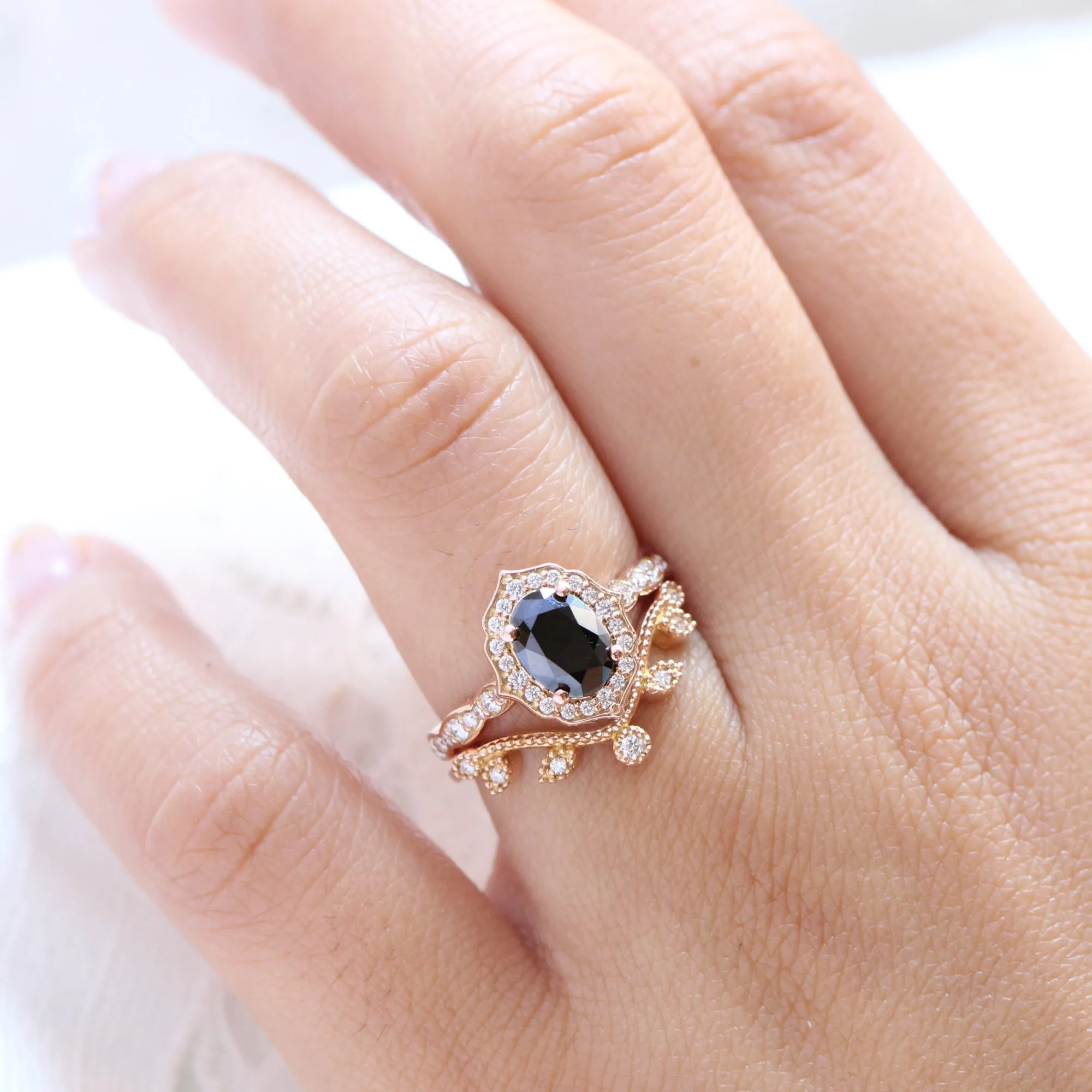 Vintage Floral Black Diamond Ring Set w/ Oval Diamond and Curved Leaf Band