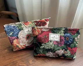 Vintage Floral Makeup Bag Textured Fabric Handbag Travel Skincare Storage Bag Toiletry Bag, Retro Style