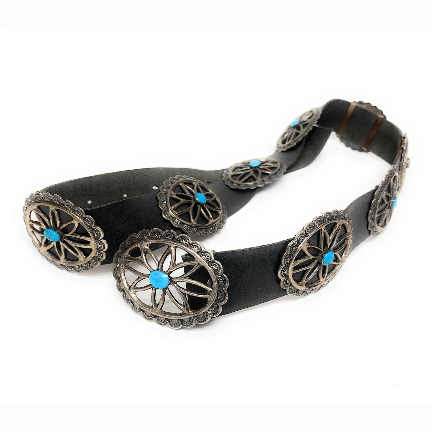 Vintage Navajo 1960's Sterling Silver & Turquoise Sandcast Concho Belt - Signed AJW