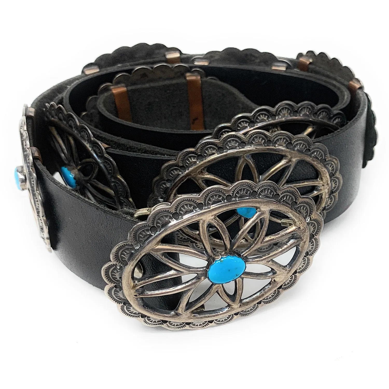 Vintage Navajo 1960's Sterling Silver & Turquoise Sandcast Concho Belt - Signed AJW