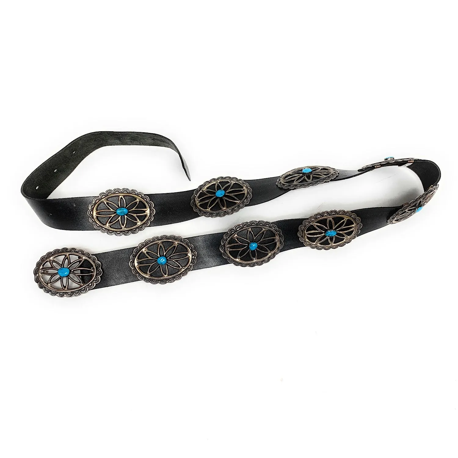Vintage Navajo 1960's Sterling Silver & Turquoise Sandcast Concho Belt - Signed AJW