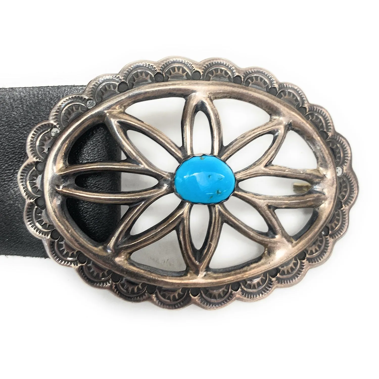 Vintage Navajo 1960's Sterling Silver & Turquoise Sandcast Concho Belt - Signed AJW