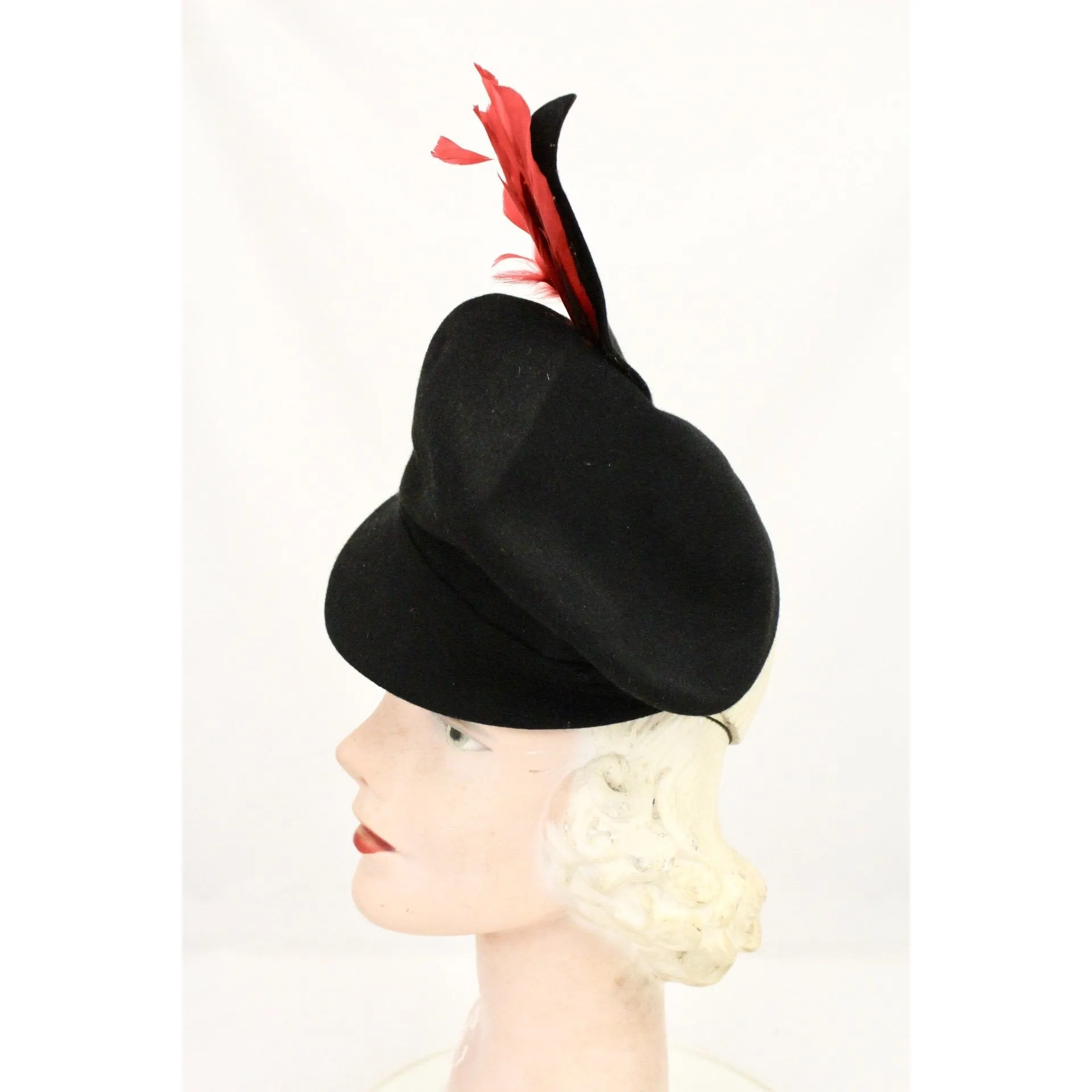 Vintage Womens Doll Hat 1930s Black Felt Fascinator Red Feather Accent WW2