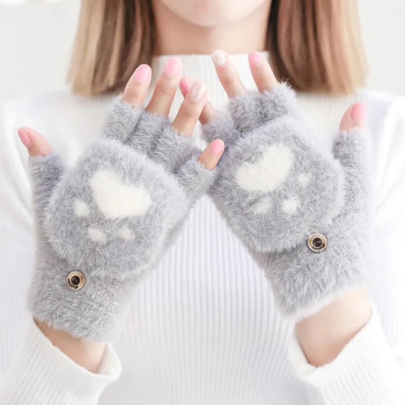 Warm Cat Paw Print Gloves