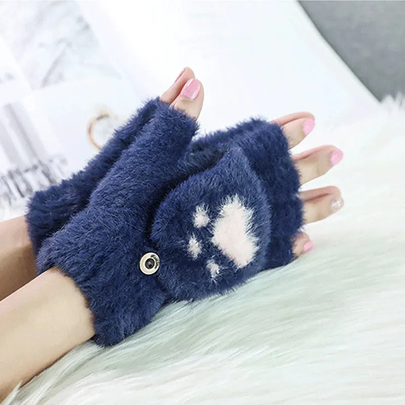Warm Cat Paw Print Gloves