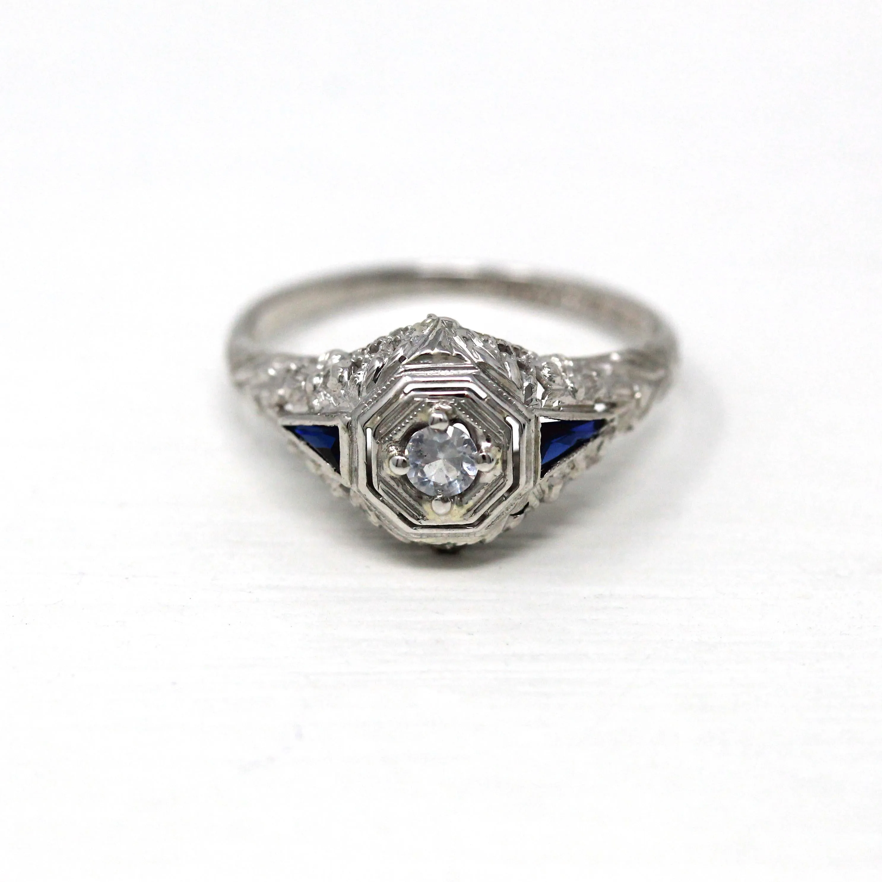 White Sapphire Ring - 18k White Gold Filigree Engagement Fine Jewelry - Vintage 1930 Size 5 1/2 Wedding Diamond Bridal Blue Accent Jewelry