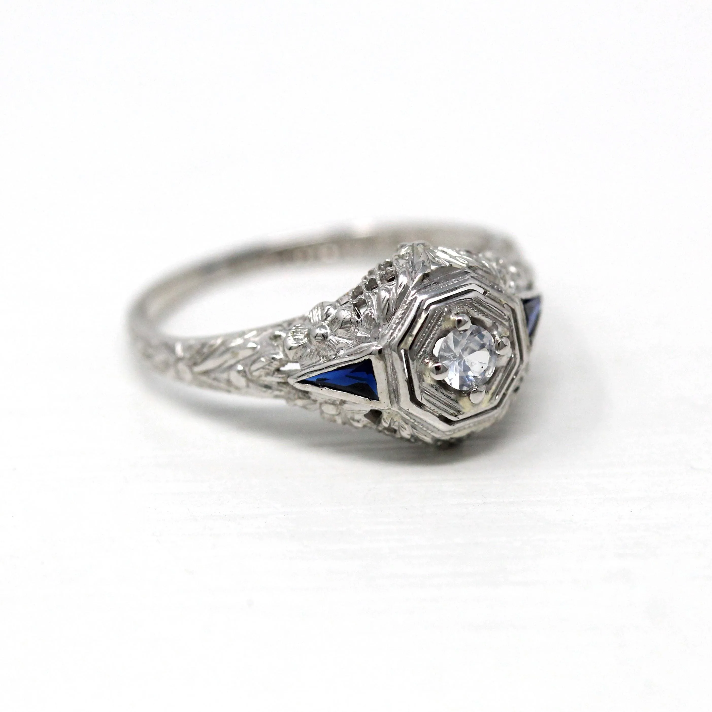 White Sapphire Ring - 18k White Gold Filigree Engagement Fine Jewelry - Vintage 1930 Size 5 1/2 Wedding Diamond Bridal Blue Accent Jewelry