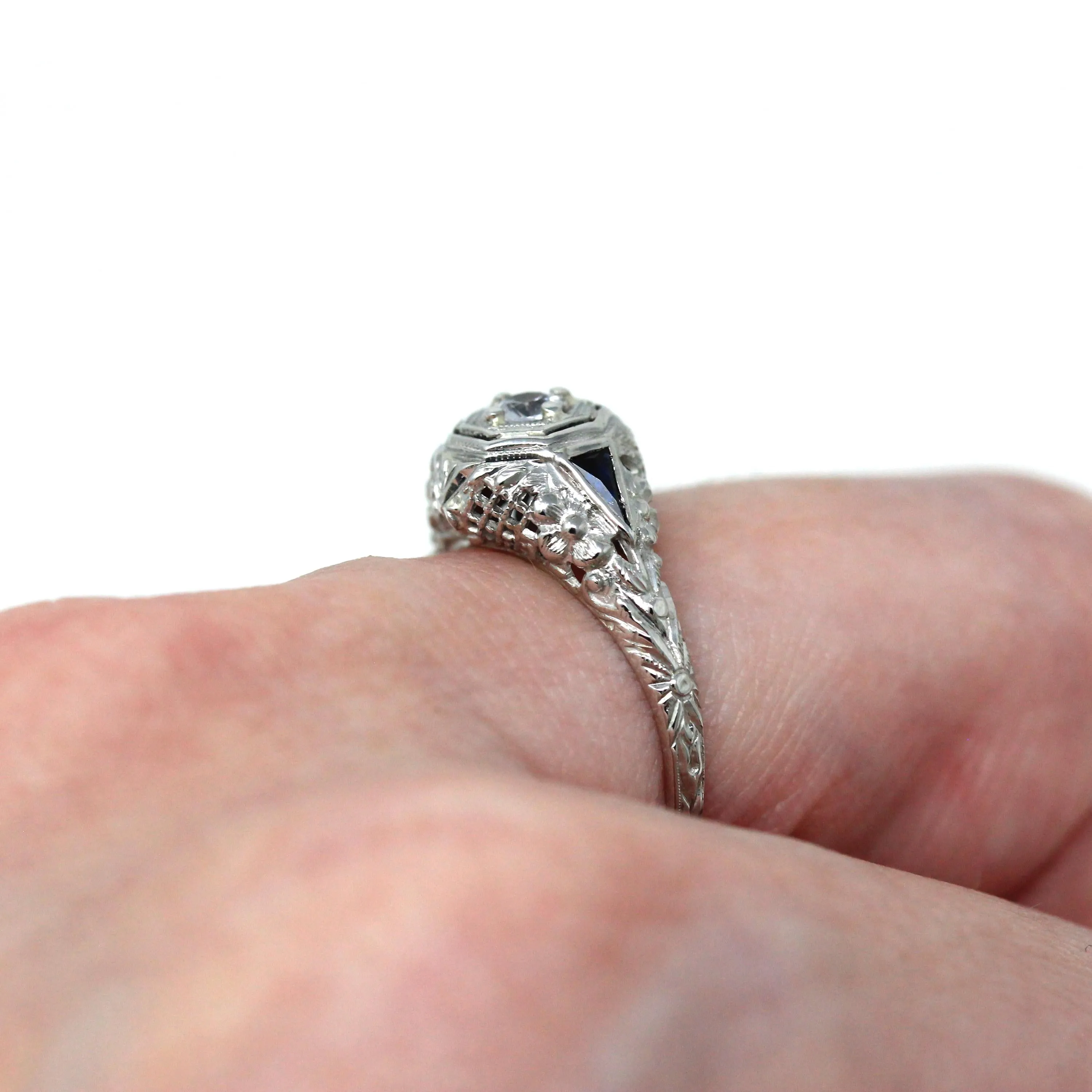 White Sapphire Ring - 18k White Gold Filigree Engagement Fine Jewelry - Vintage 1930 Size 5 1/2 Wedding Diamond Bridal Blue Accent Jewelry