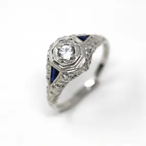 White Sapphire Ring - 18k White Gold Filigree Engagement Fine Jewelry - Vintage 1930 Size 5 1/2 Wedding Diamond Bridal Blue Accent Jewelry