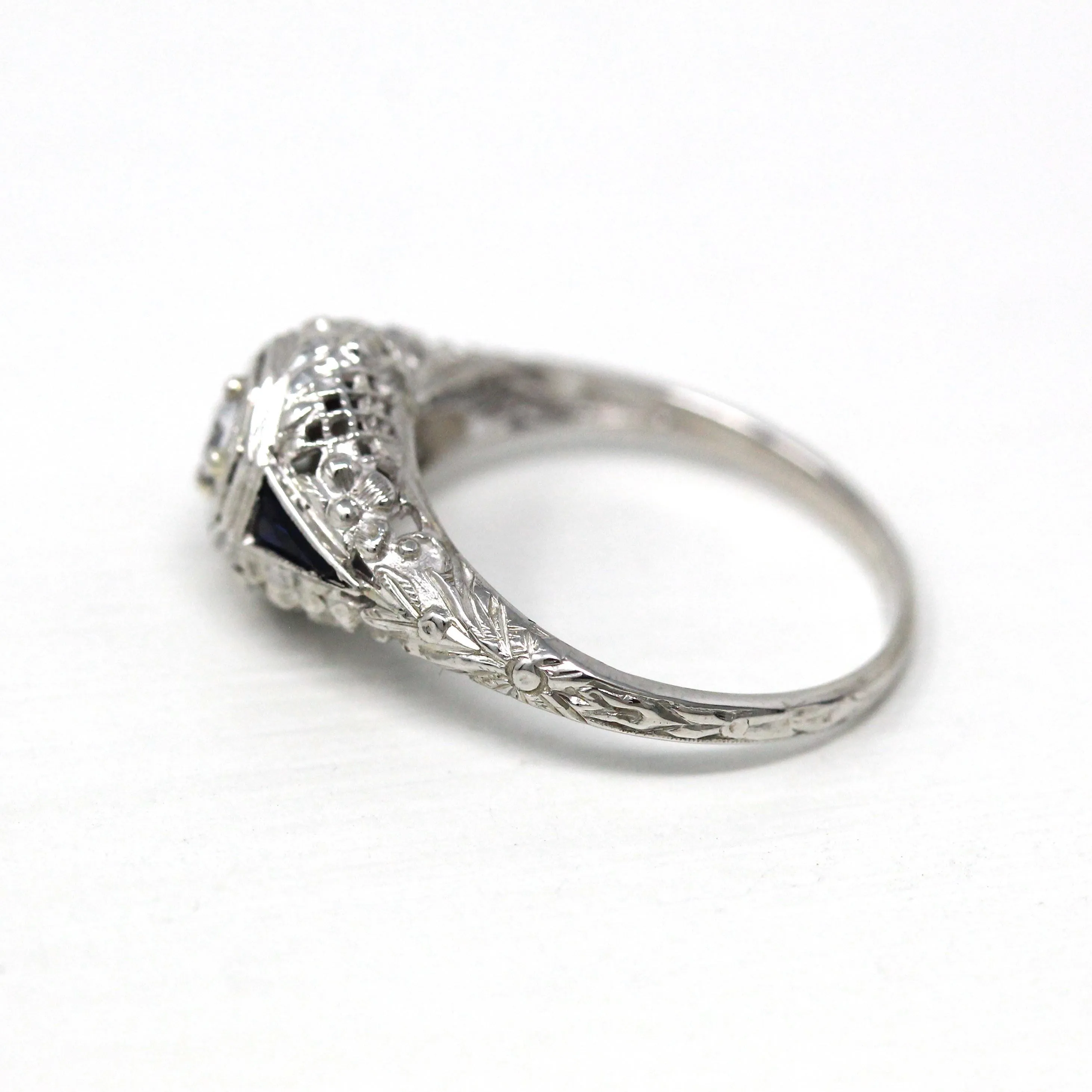 White Sapphire Ring - 18k White Gold Filigree Engagement Fine Jewelry - Vintage 1930 Size 5 1/2 Wedding Diamond Bridal Blue Accent Jewelry