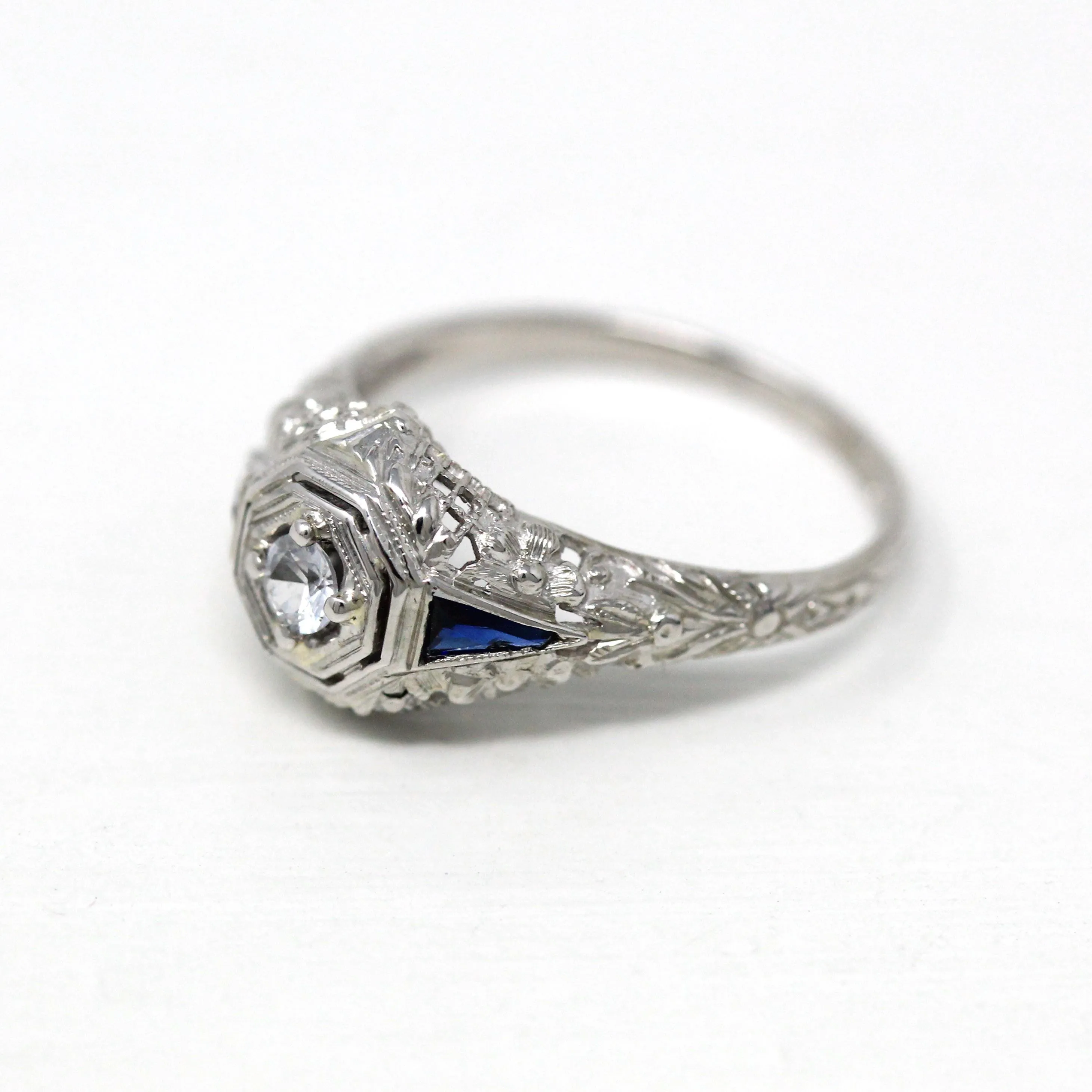 White Sapphire Ring - 18k White Gold Filigree Engagement Fine Jewelry - Vintage 1930 Size 5 1/2 Wedding Diamond Bridal Blue Accent Jewelry