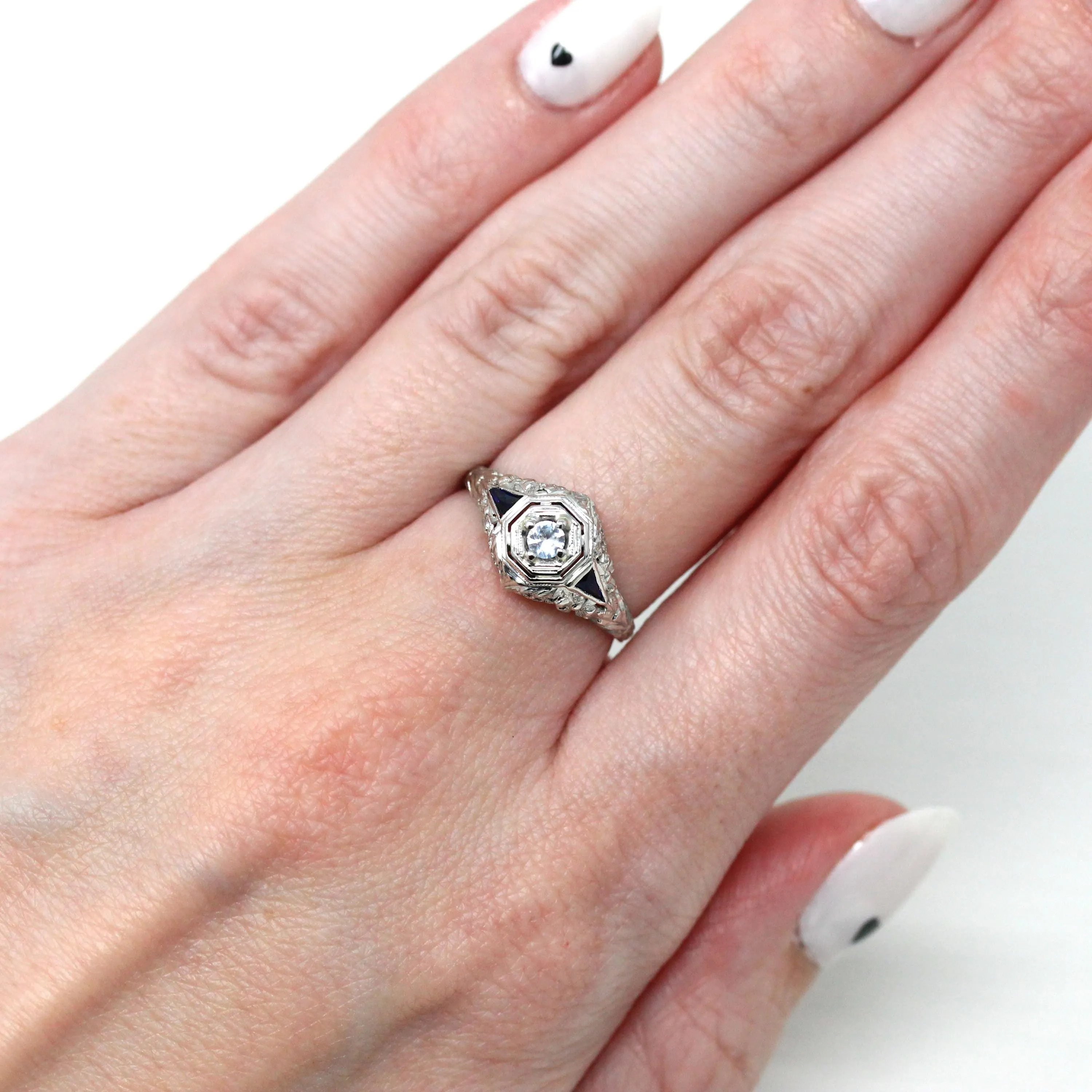 White Sapphire Ring - 18k White Gold Filigree Engagement Fine Jewelry - Vintage 1930 Size 5 1/2 Wedding Diamond Bridal Blue Accent Jewelry