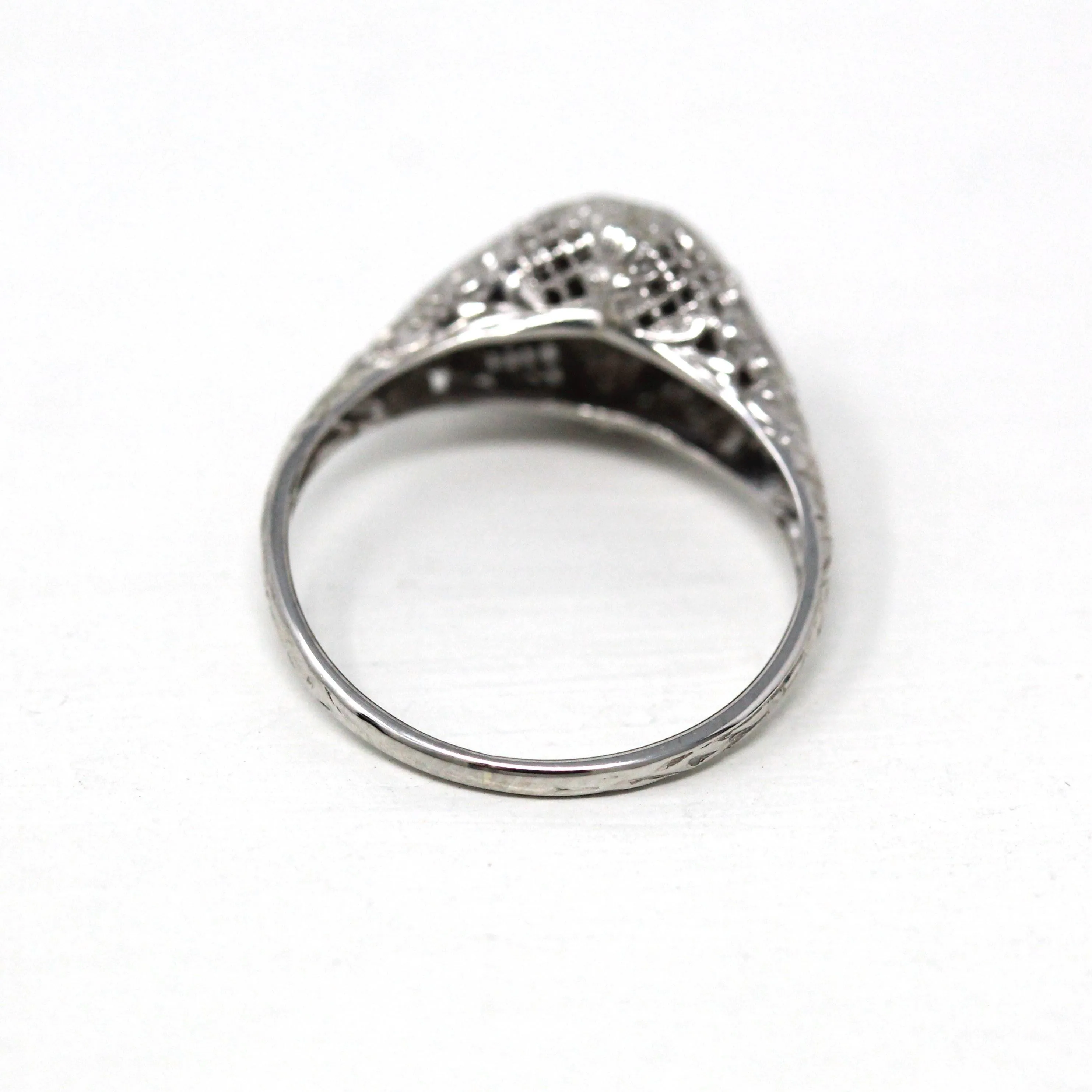 White Sapphire Ring - 18k White Gold Filigree Engagement Fine Jewelry - Vintage 1930 Size 5 1/2 Wedding Diamond Bridal Blue Accent Jewelry