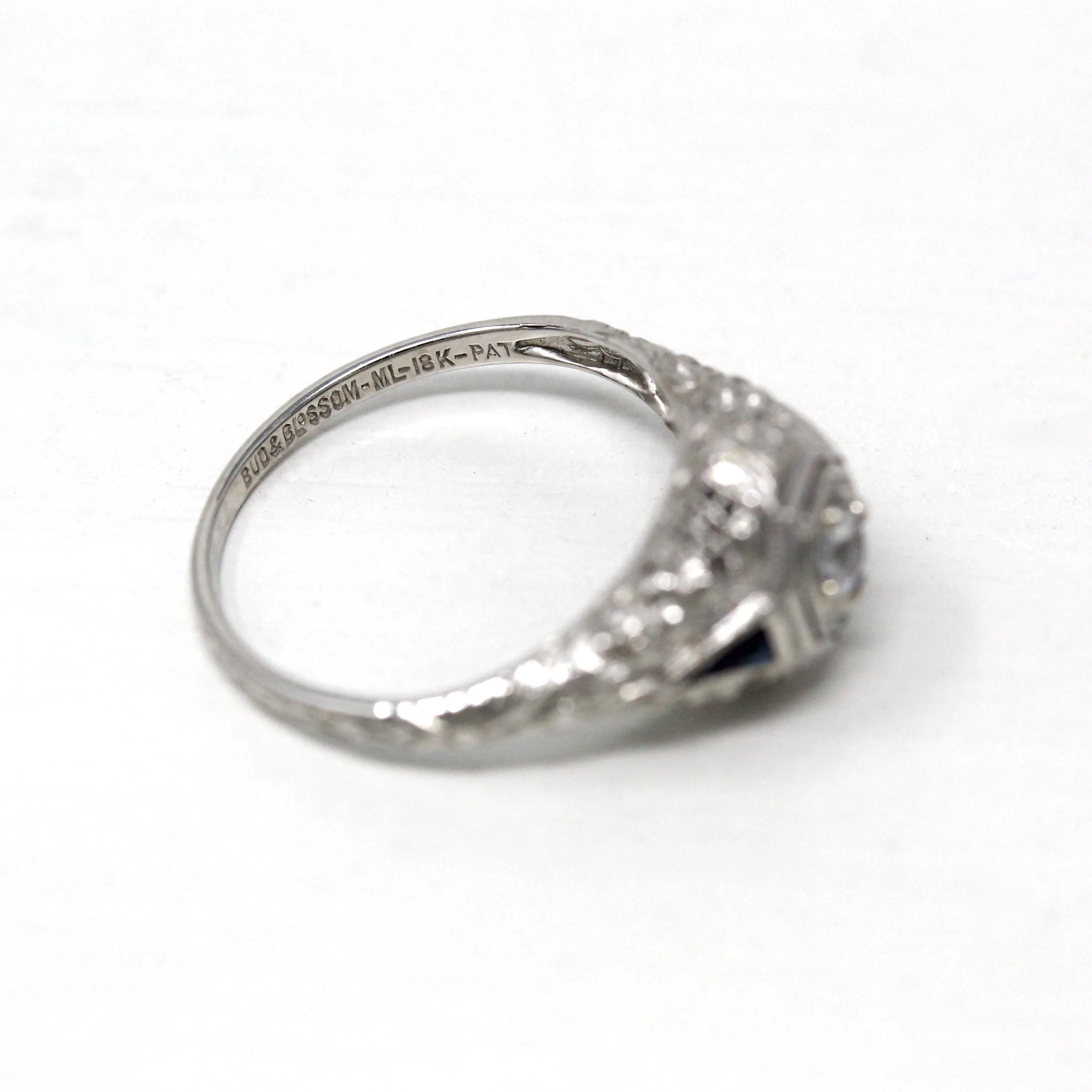 White Sapphire Ring - 18k White Gold Filigree Engagement Fine Jewelry - Vintage 1930 Size 5 1/2 Wedding Diamond Bridal Blue Accent Jewelry