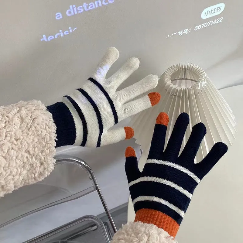 Wholesale Winter Velvet Thickened Striped Touch Screen Warm Gloves