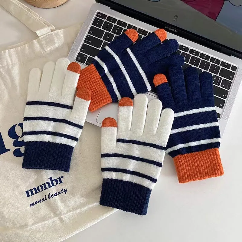 Wholesale Winter Velvet Thickened Striped Touch Screen Warm Gloves