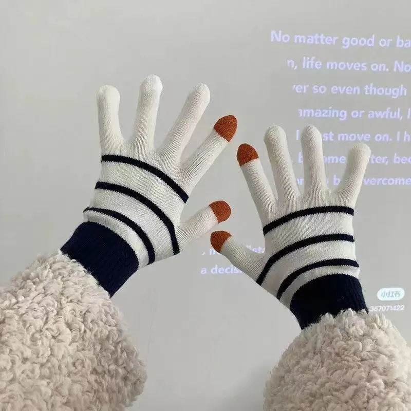 Wholesale Winter Velvet Thickened Striped Touch Screen Warm Gloves