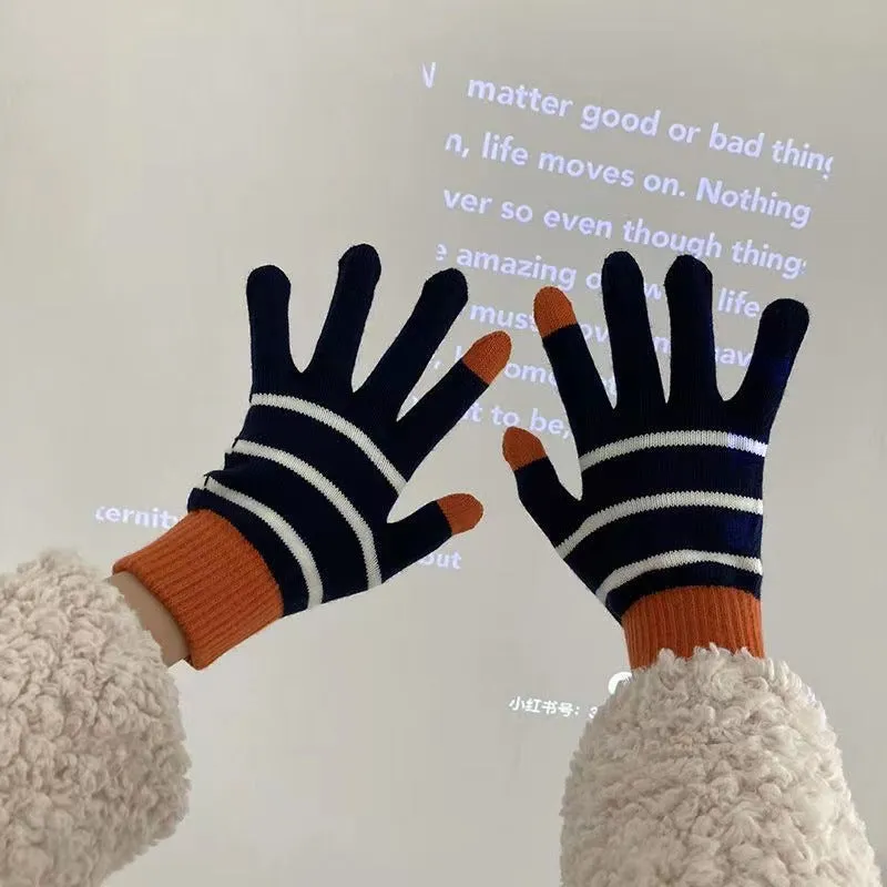 Wholesale Winter Velvet Thickened Striped Touch Screen Warm Gloves