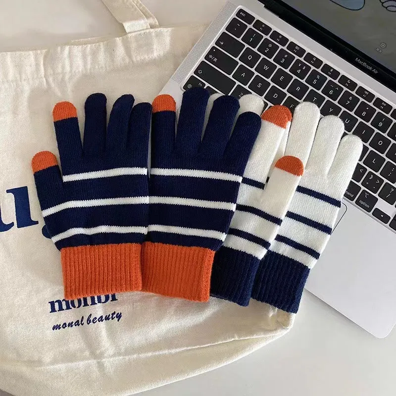 Wholesale Winter Velvet Thickened Striped Touch Screen Warm Gloves