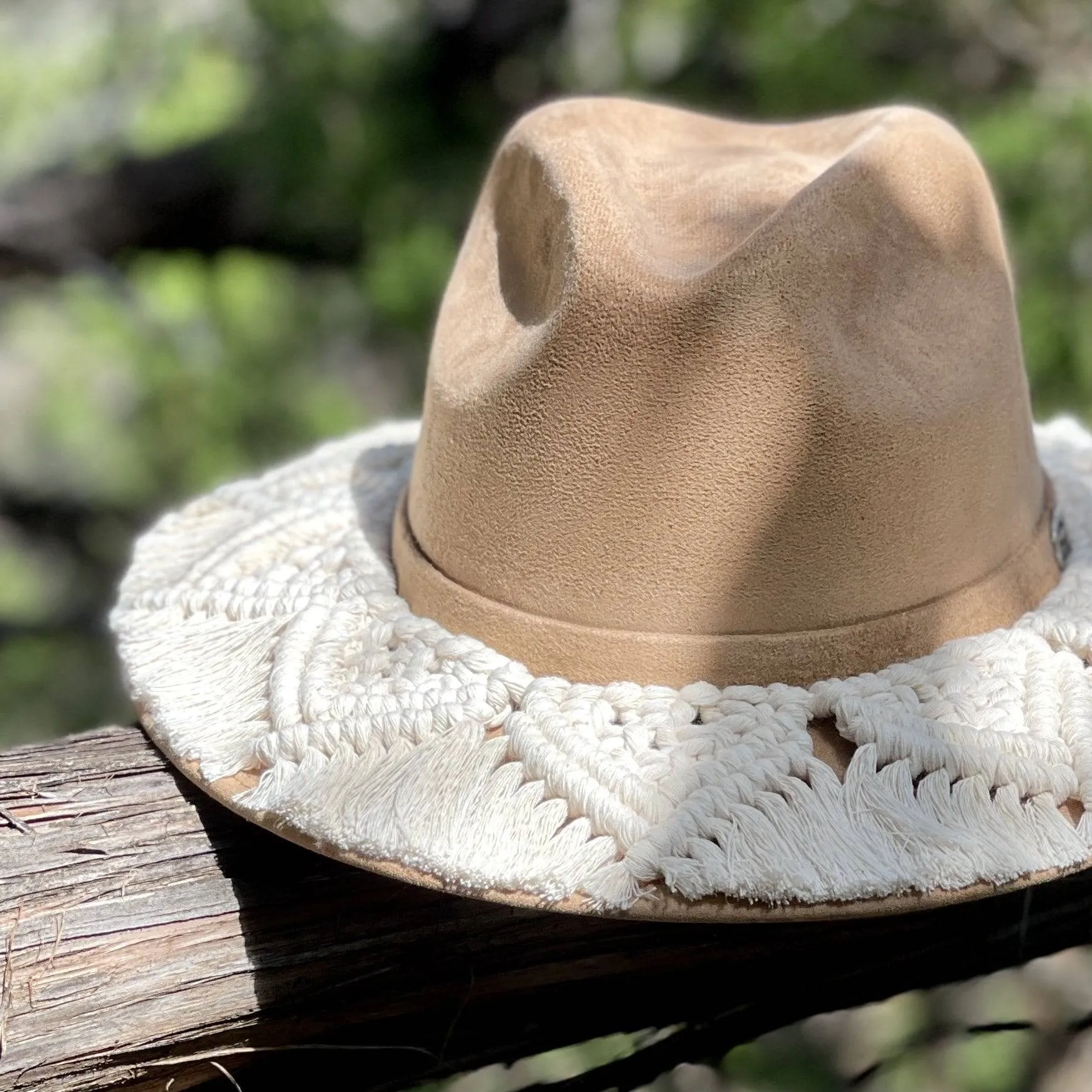Women's Suede Hat with Macrame Band - Stylish & Fun
