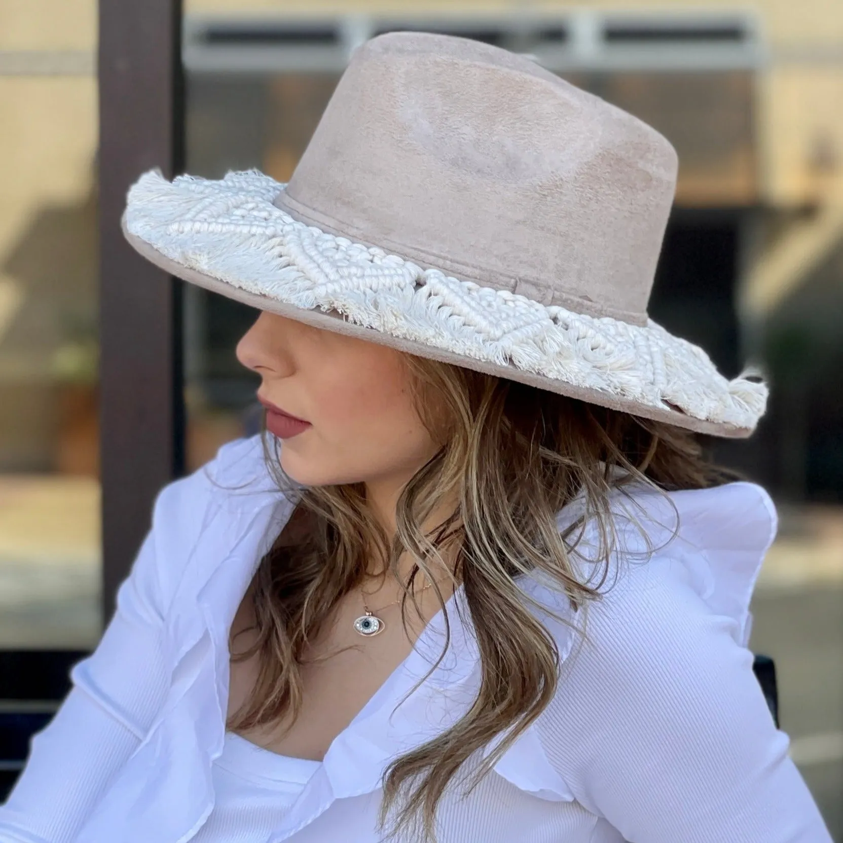 Women's Suede Hat with Macrame Band - Stylish & Fun